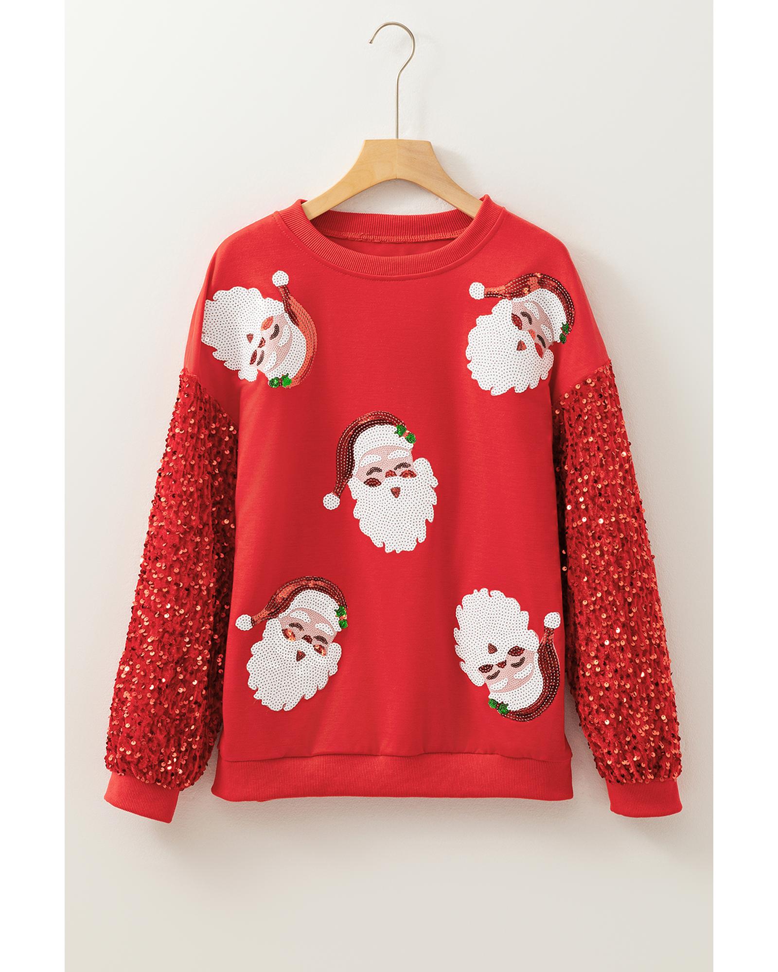 Fiery Red Sequined Santa Claus Long Sleeve Christmas Sweatshirt - M