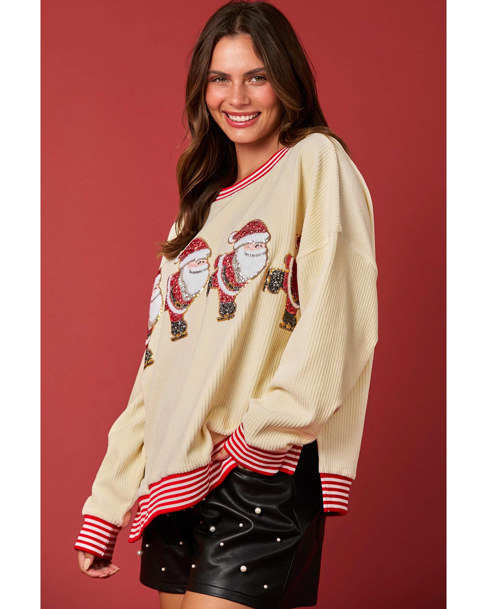 Beige Santa Skiing Graphic Striped Trim Corded Sweatshirt - M 3