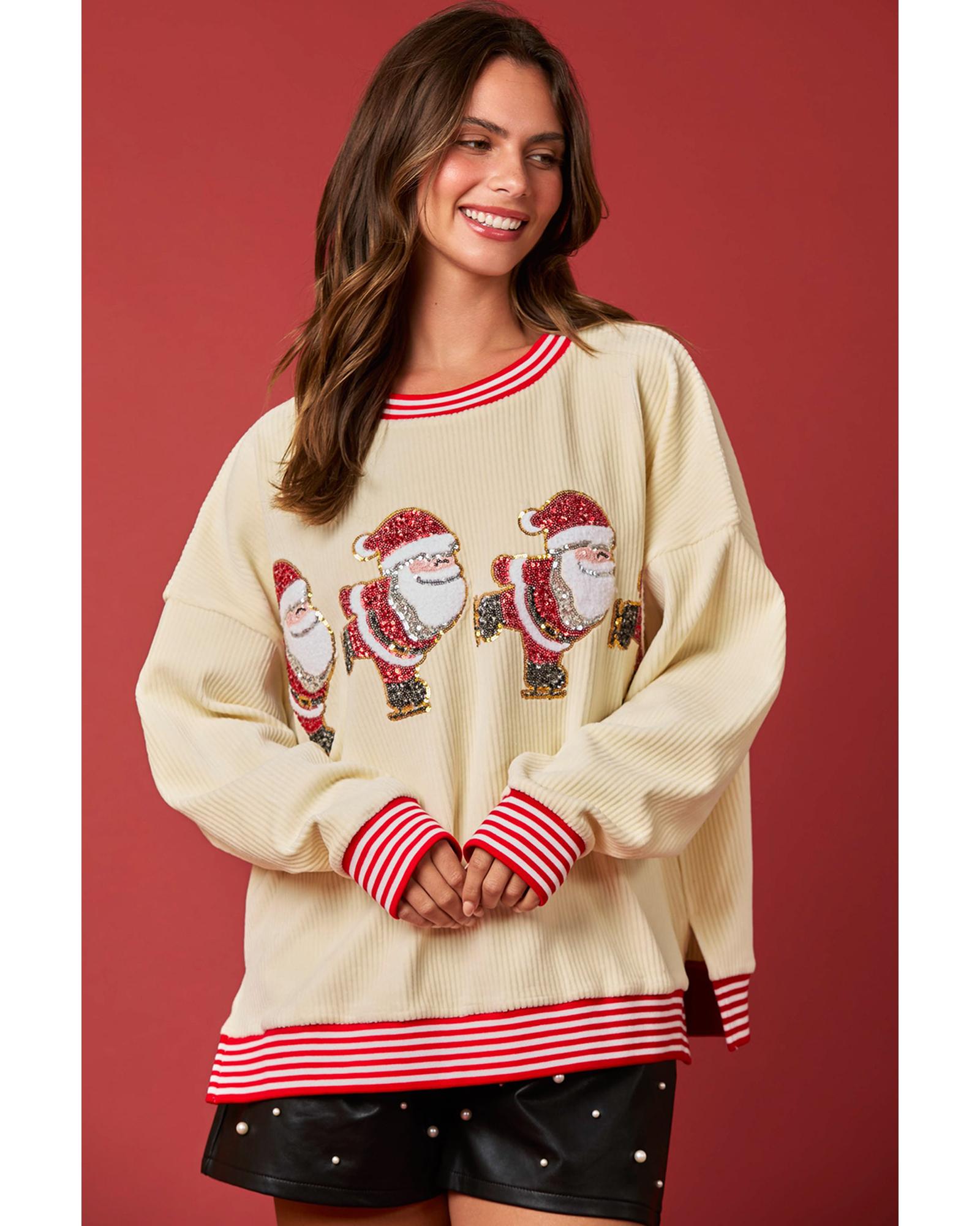Beige Santa Skiing Graphic Striped Trim Corded Sweatshirt - M 5