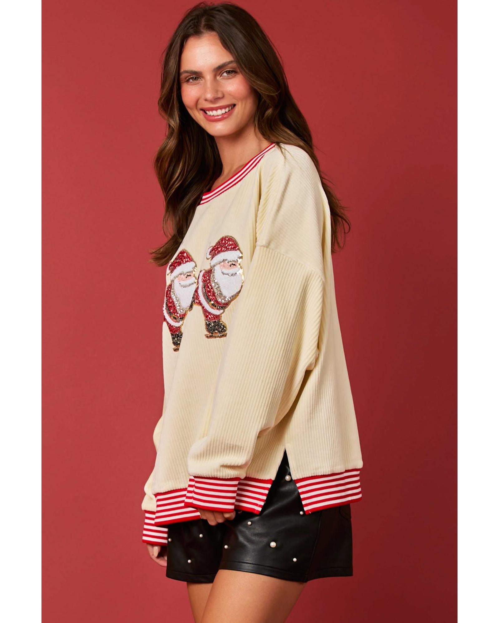 Beige Santa Skiing Graphic Striped Trim Corded Sweatshirt - M 6