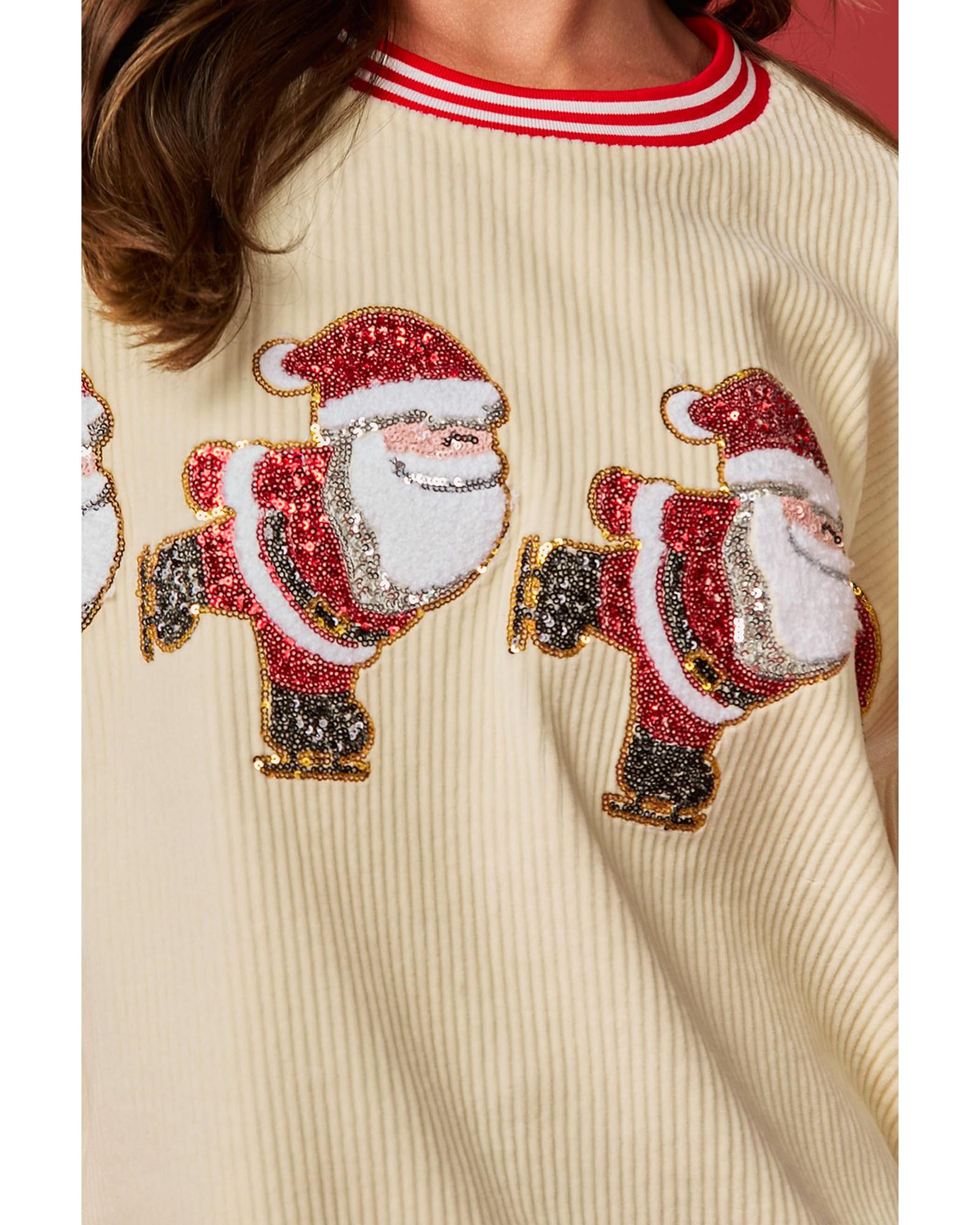 Beige Santa Skiing Graphic Striped Trim Corded Sweatshirt - M 8