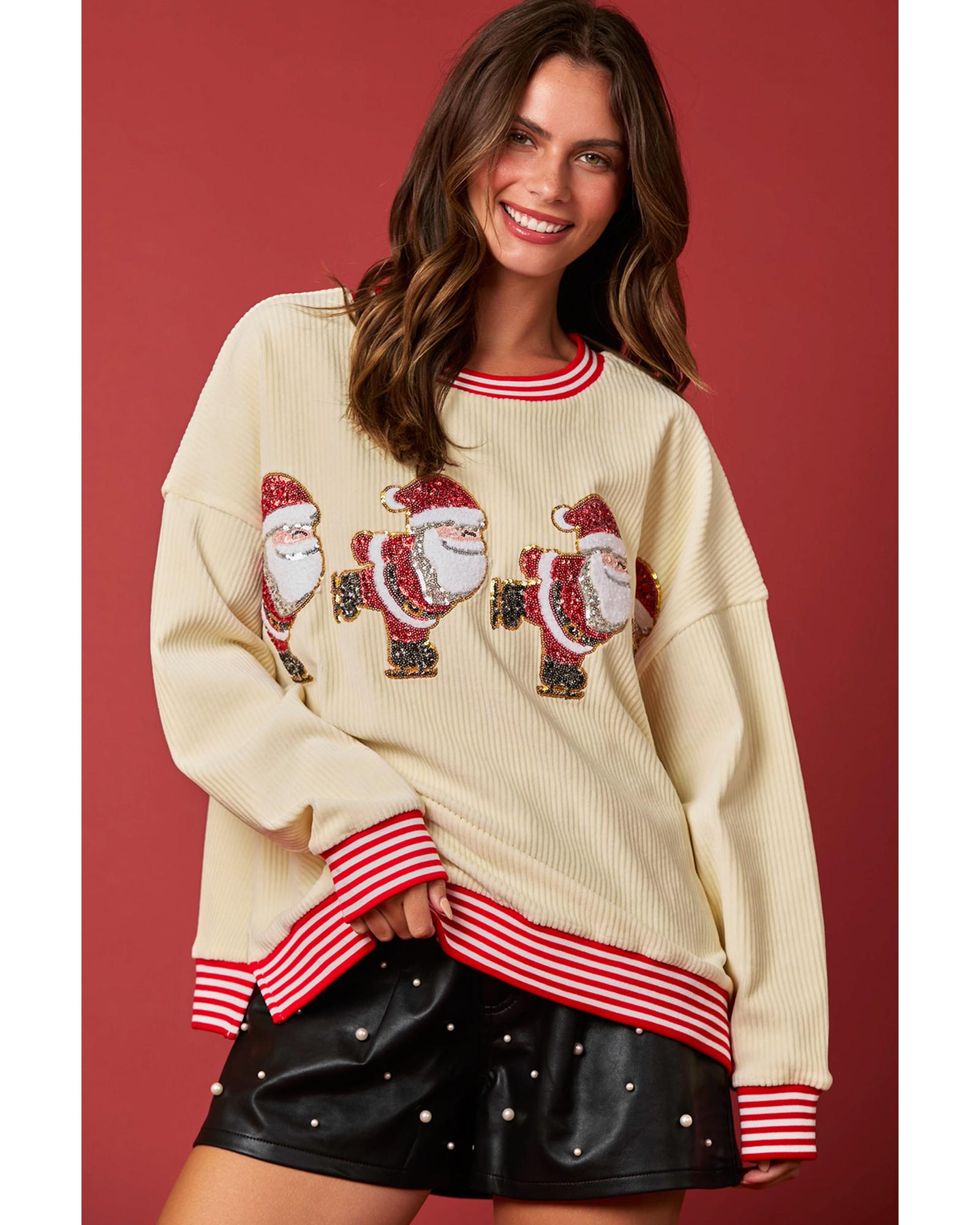Beige Santa Skiing Graphic Striped Trim Corded Sweatshirt - S 4