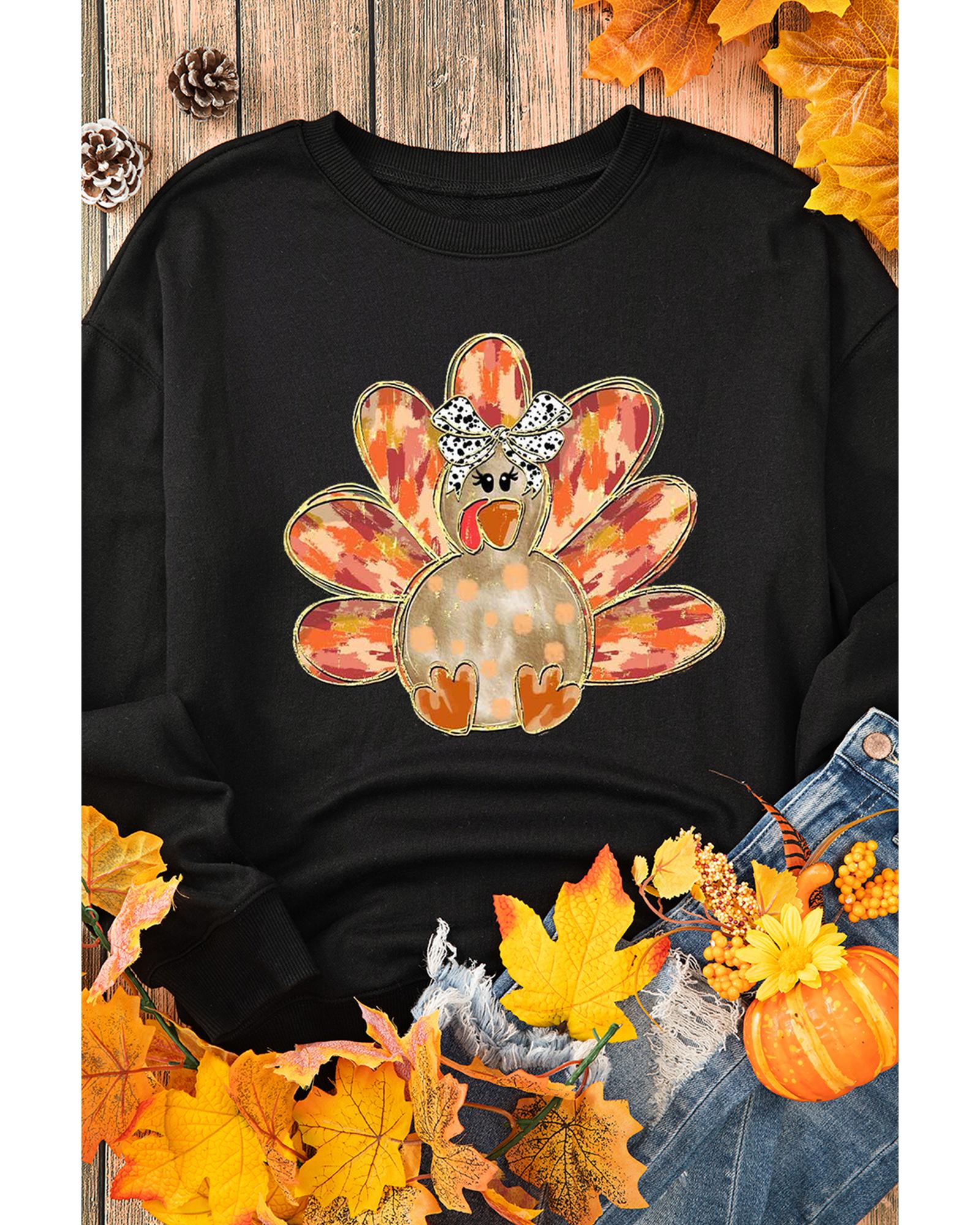 Black Thanksgiving Turkey Graphic Drop Shoulder Sweatshirt - M
