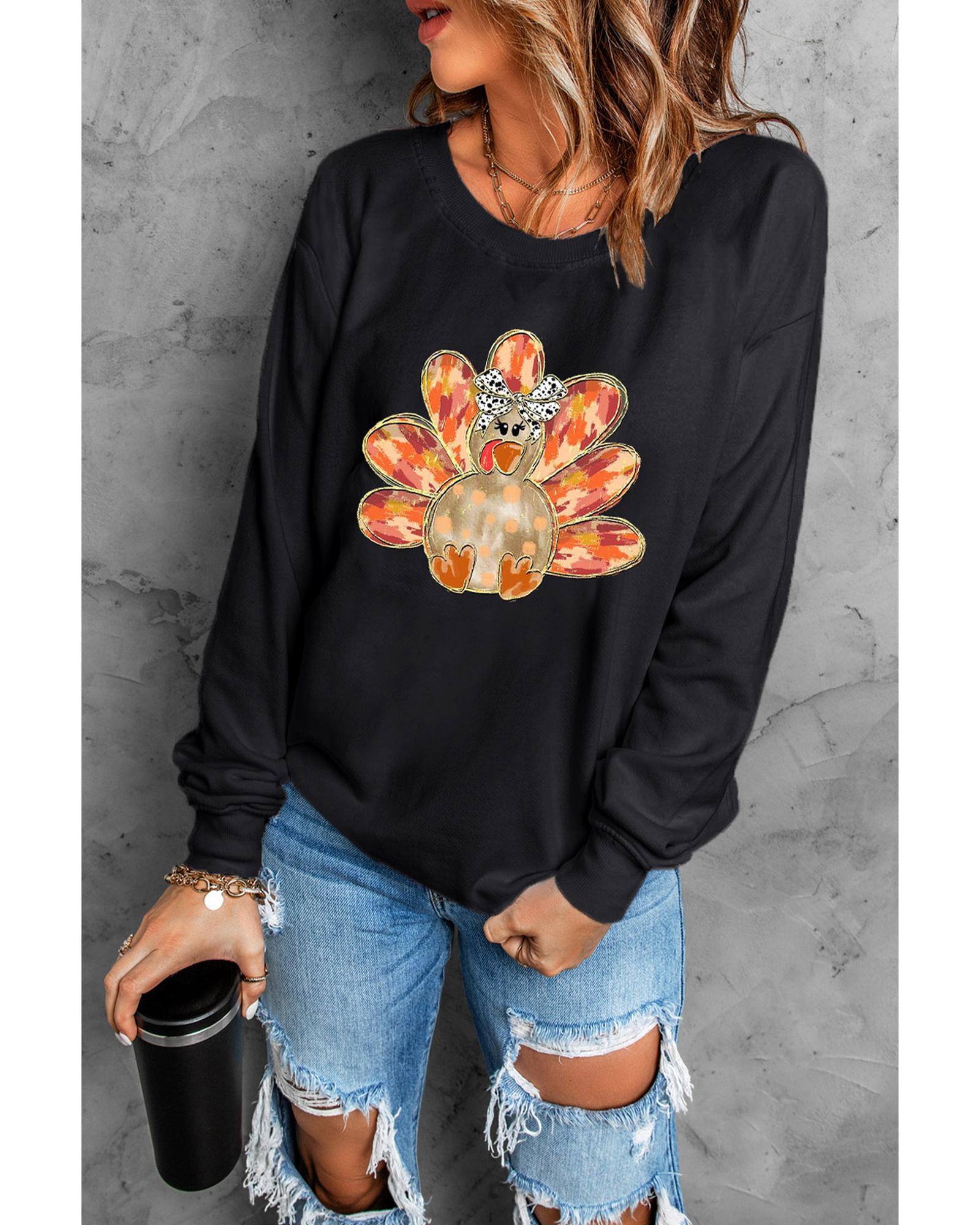 Black Thanksgiving Turkey Graphic Drop Shoulder Sweatshirt - M