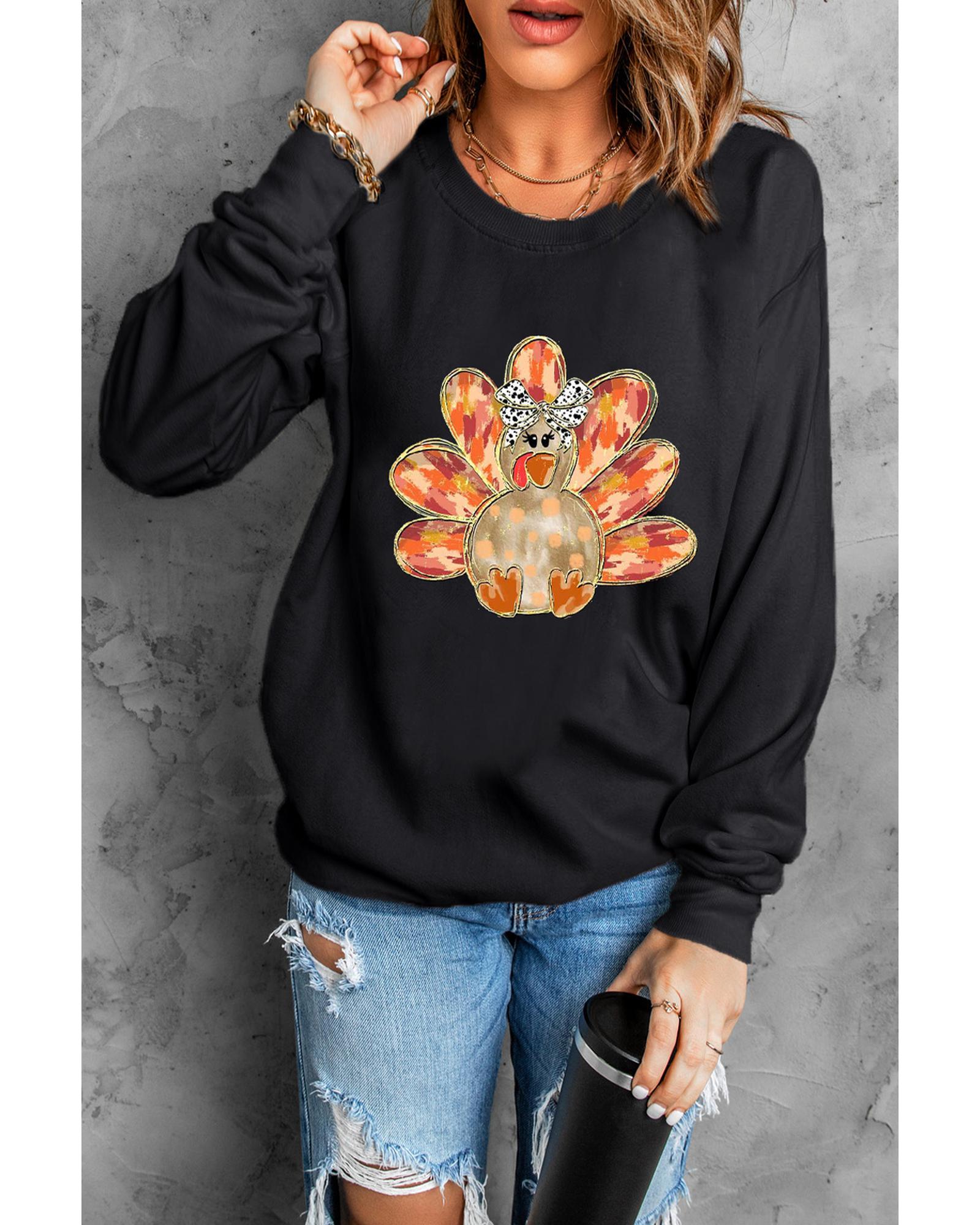 Black Thanksgiving Turkey Graphic Drop Shoulder Sweatshirt - M 3