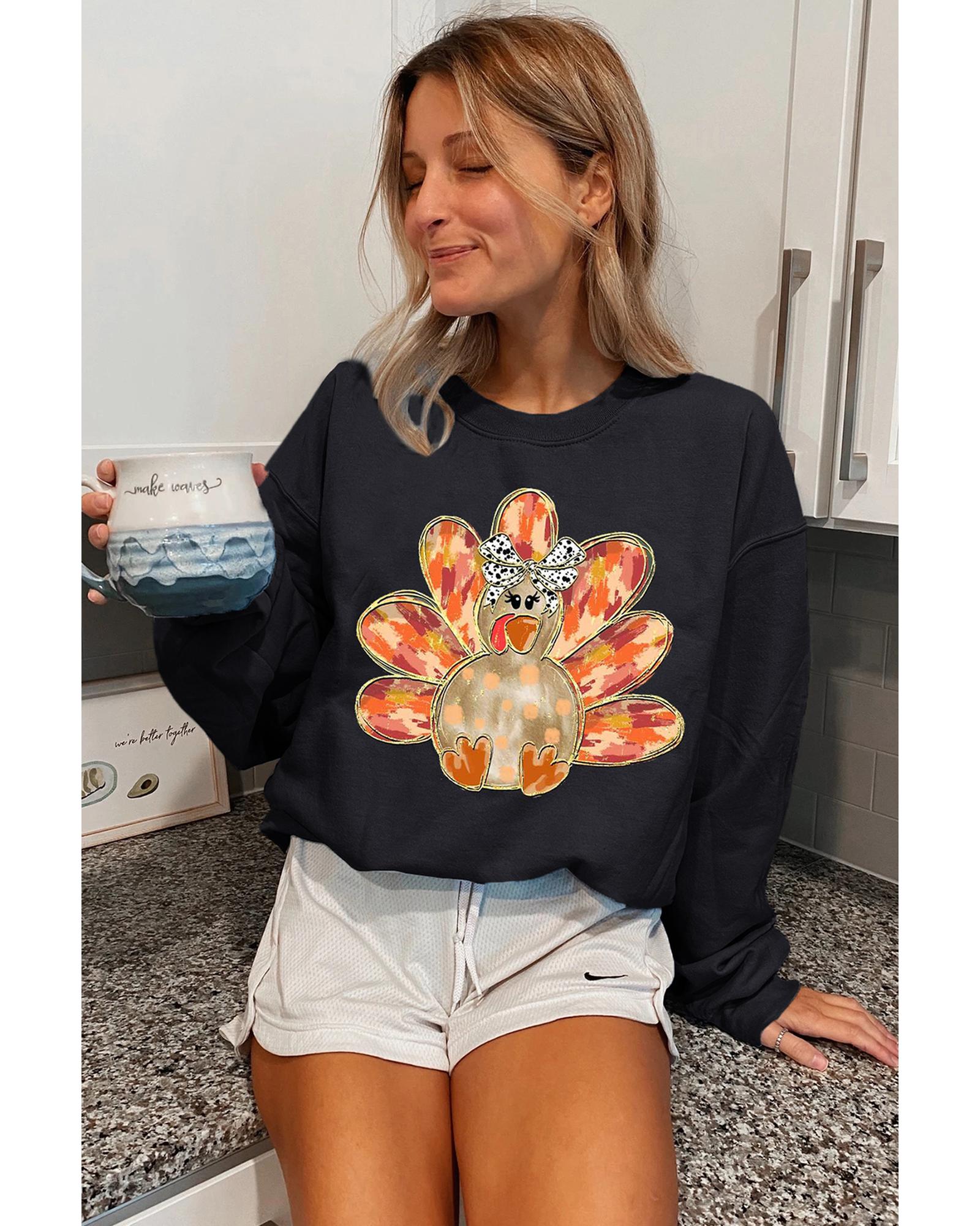 Black Thanksgiving Turkey Graphic Drop Shoulder Sweatshirt - M 5
