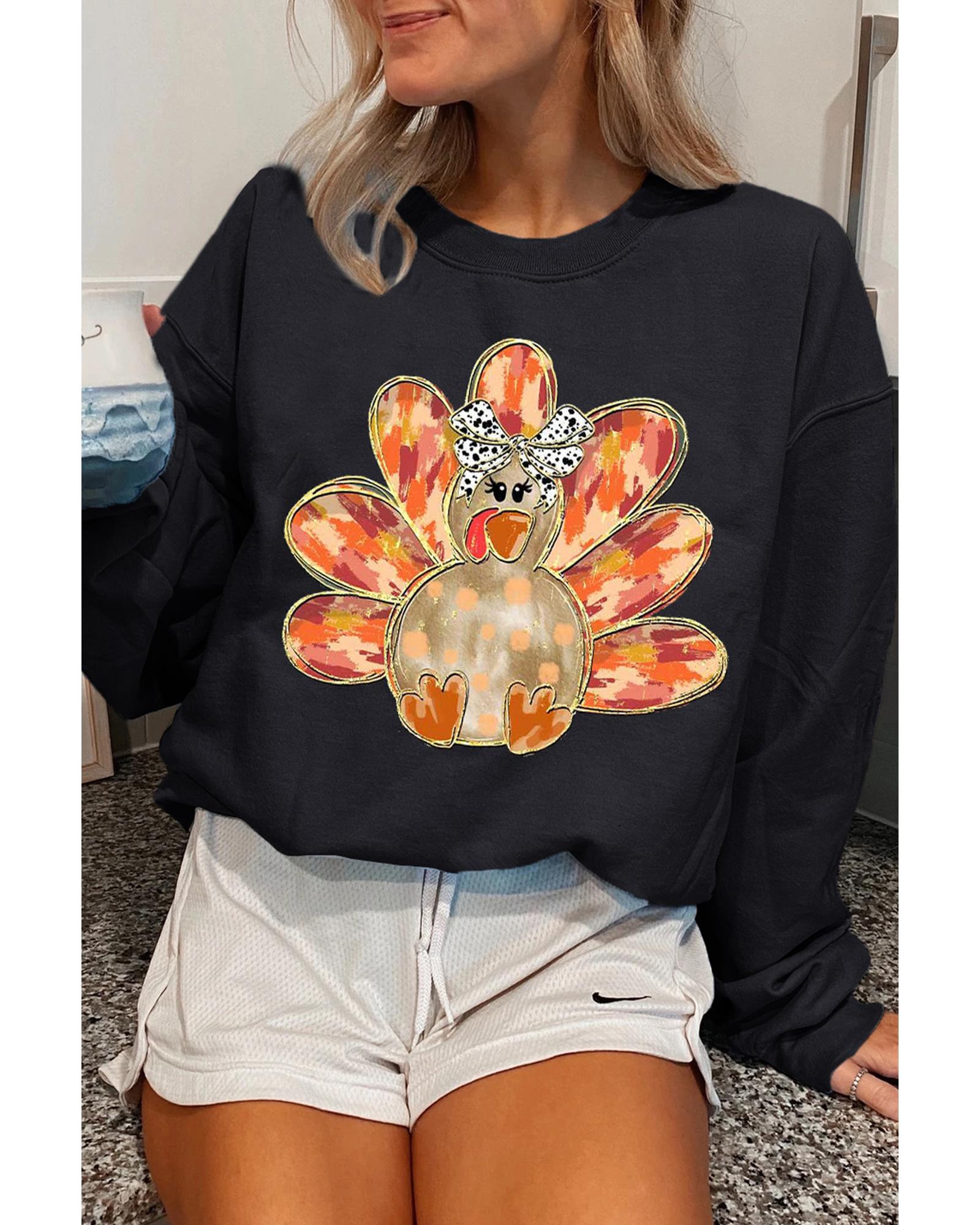 Black Thanksgiving Turkey Graphic Drop Shoulder Sweatshirt - M 6