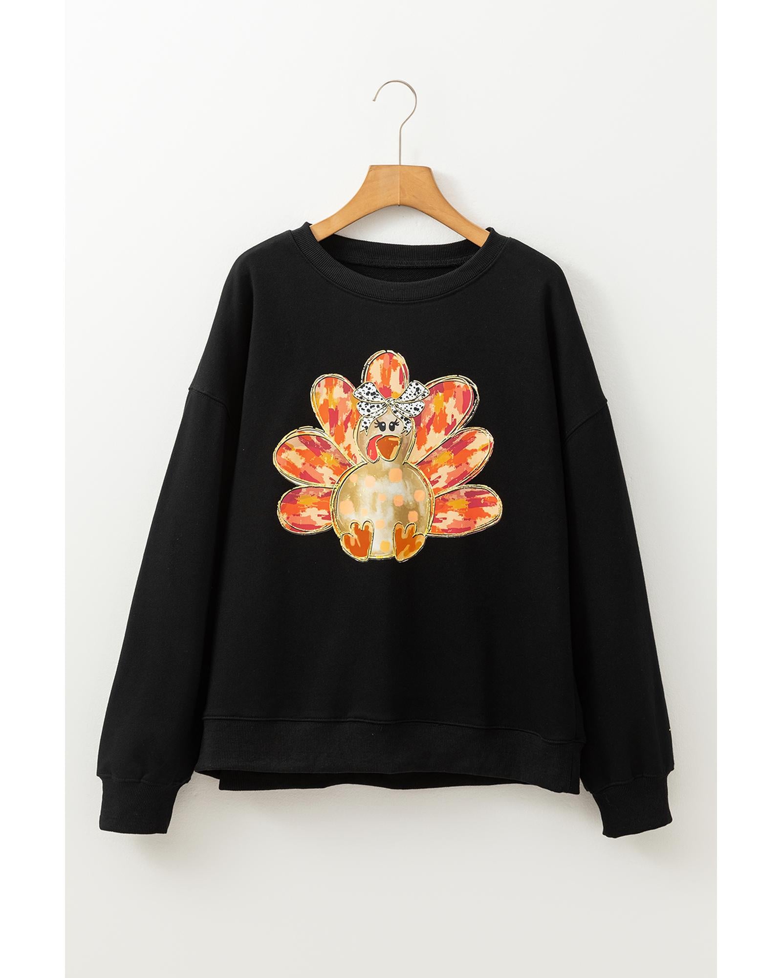 Black Thanksgiving Turkey Graphic Drop Shoulder Sweatshirt - M 7