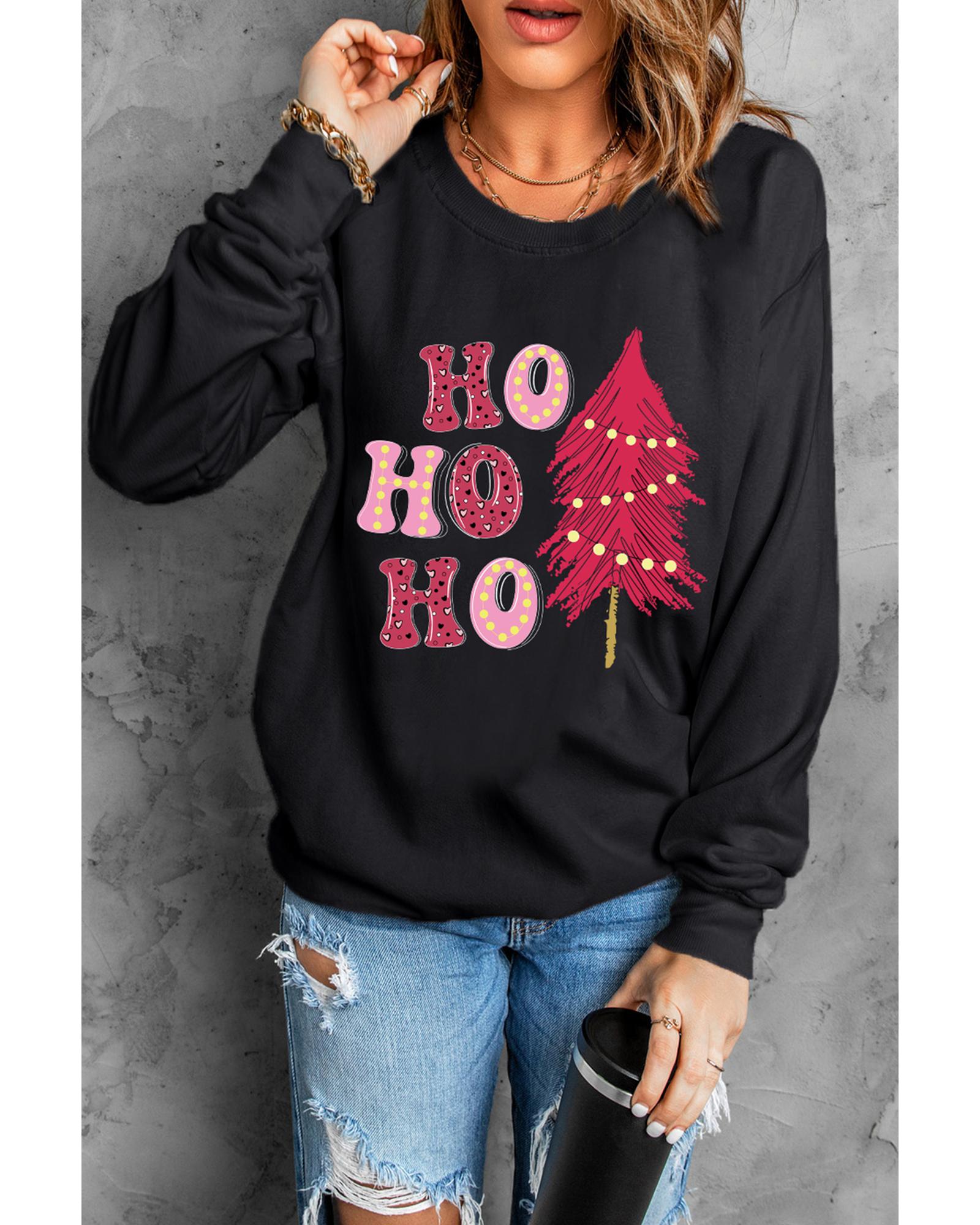 Black HO HO HO Christmas Tree Graphic Pullover Sweatshirt - S 3