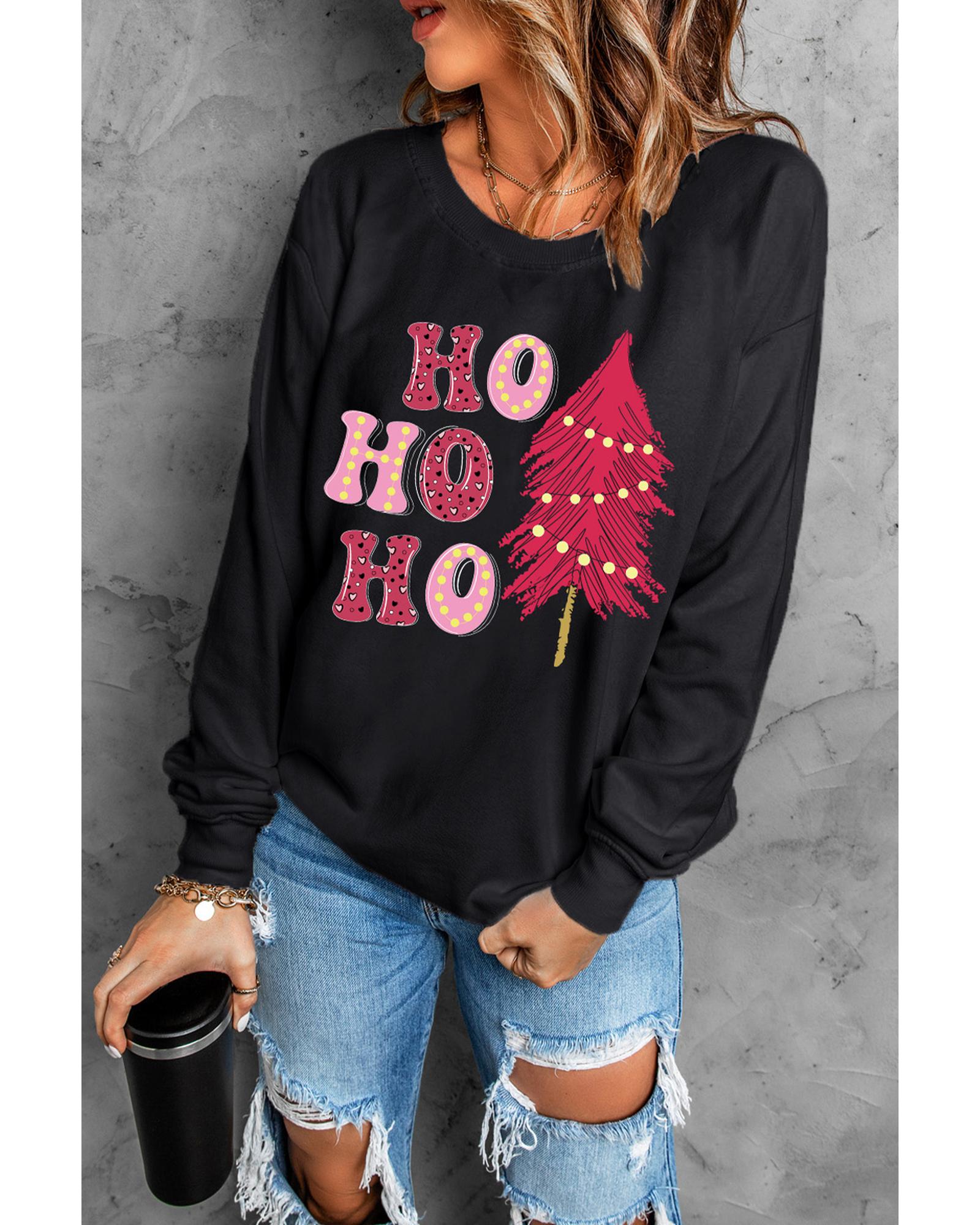 Black HO HO HO Christmas Tree Graphic Pullover Sweatshirt - S 4