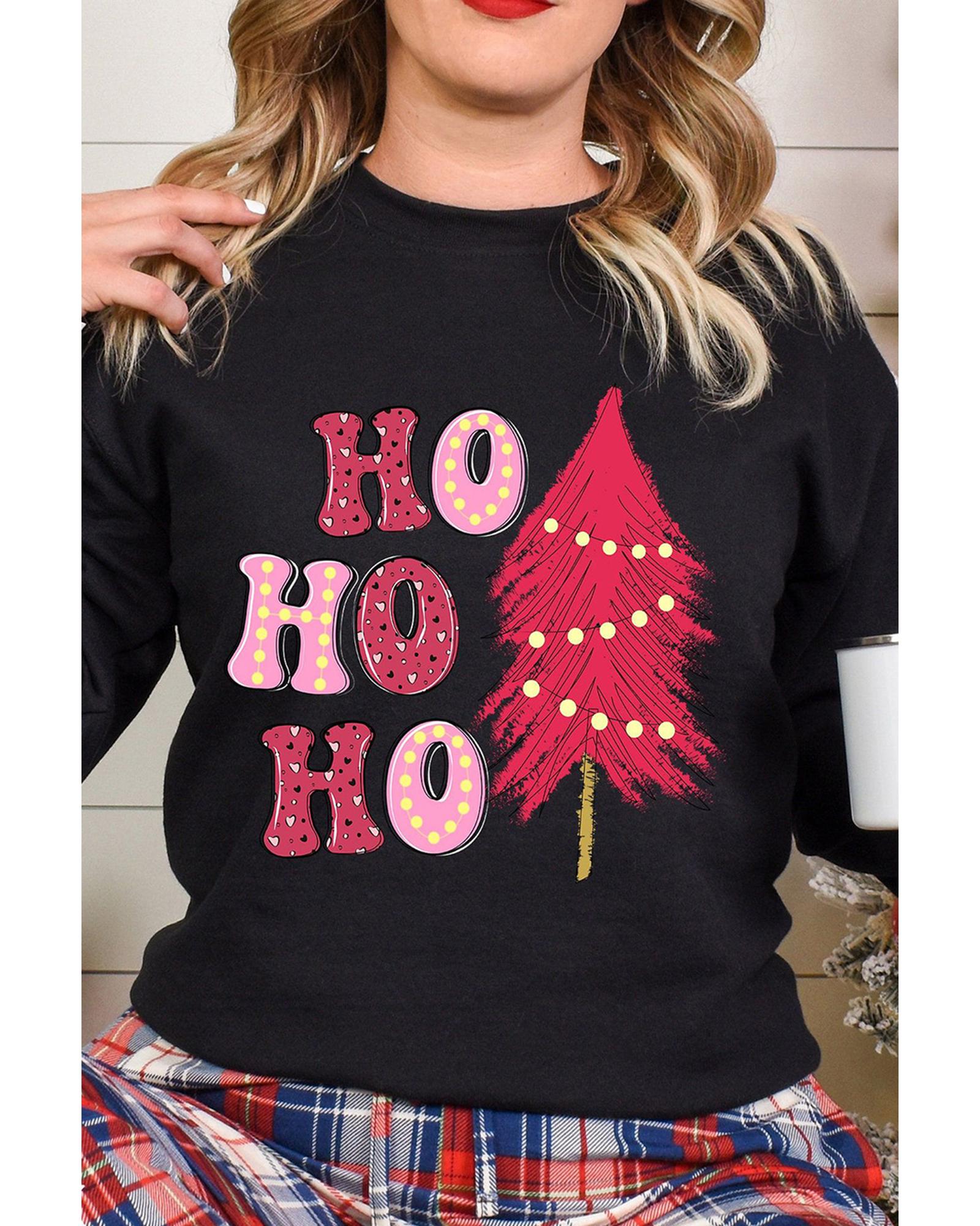 Black HO HO HO Christmas Tree Graphic Pullover Sweatshirt - S 5