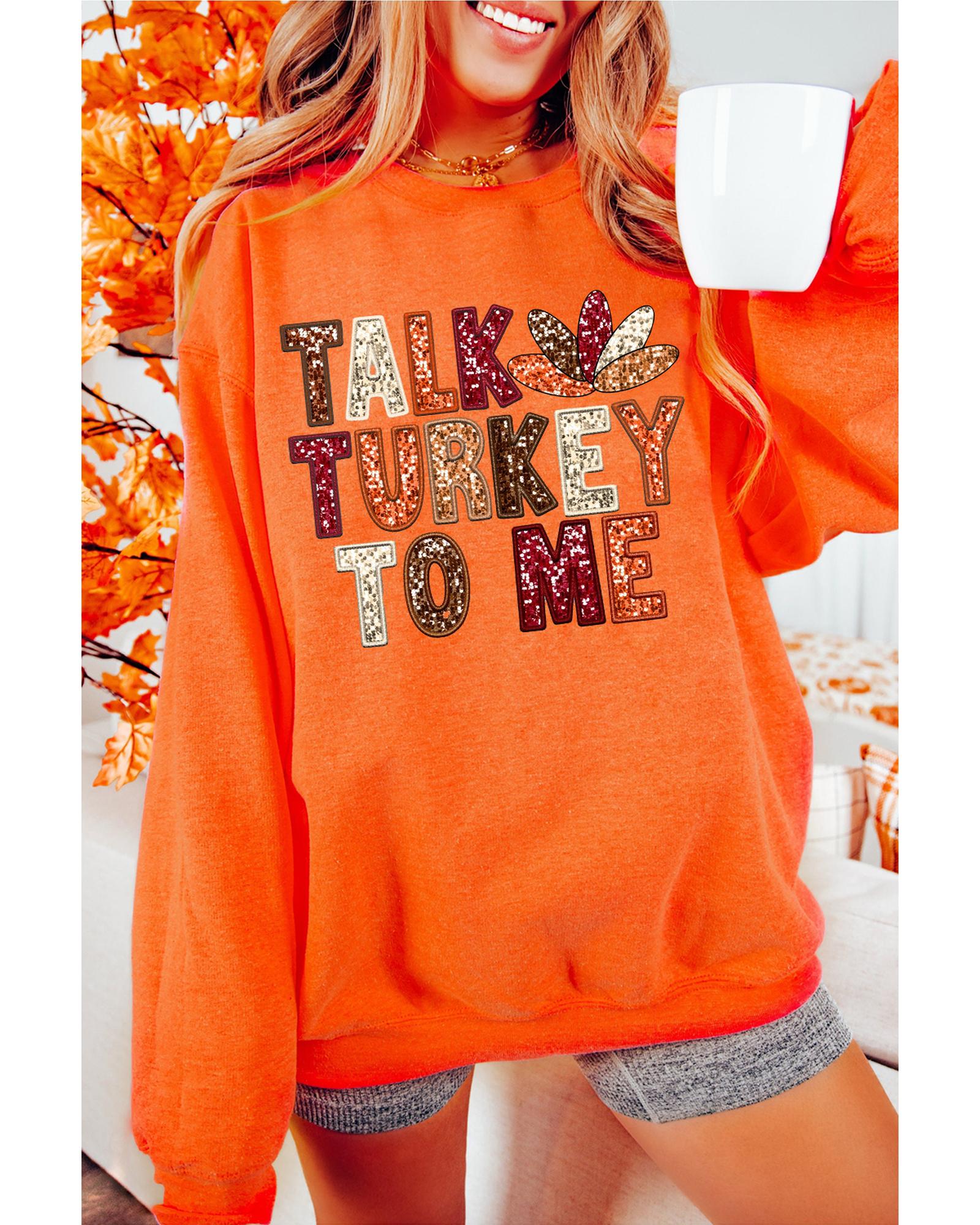 Orange TALK TURKEY TO ME Heat Transfer Printing Graphic Thanksgiving Holiday Sweatshirt - M 4