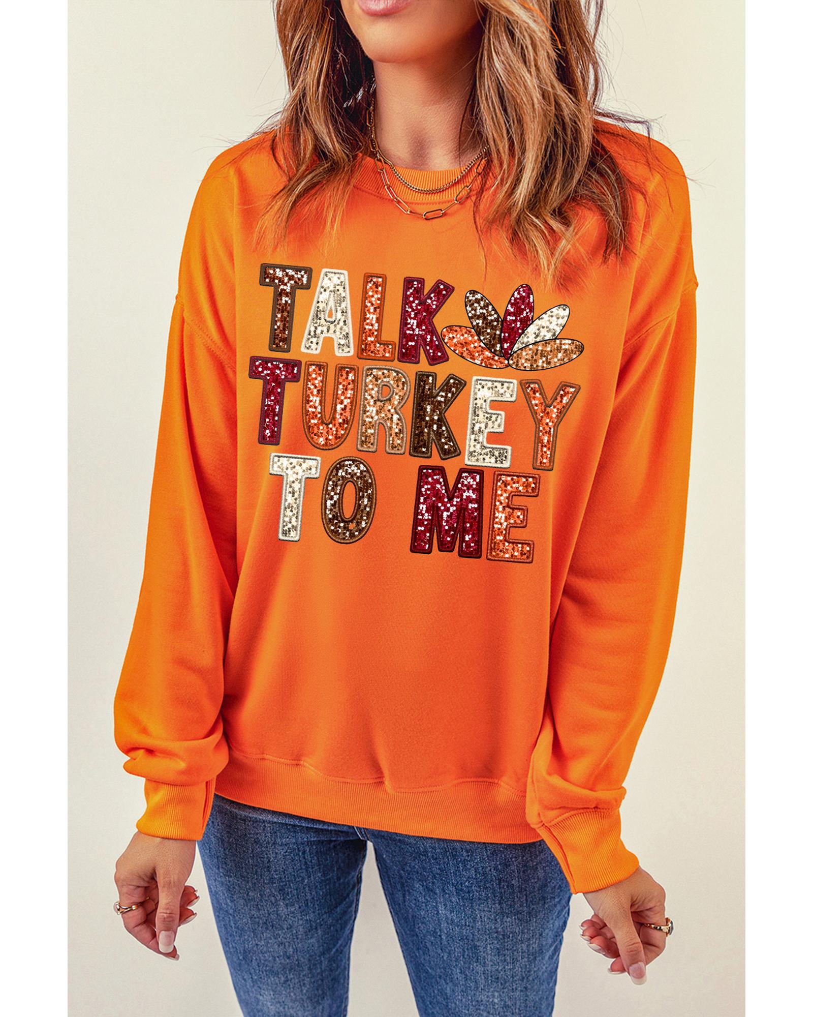 Orange TALK TURKEY TO ME Heat Transfer Printing Graphic Thanksgiving Holiday Sweatshirt - M 5