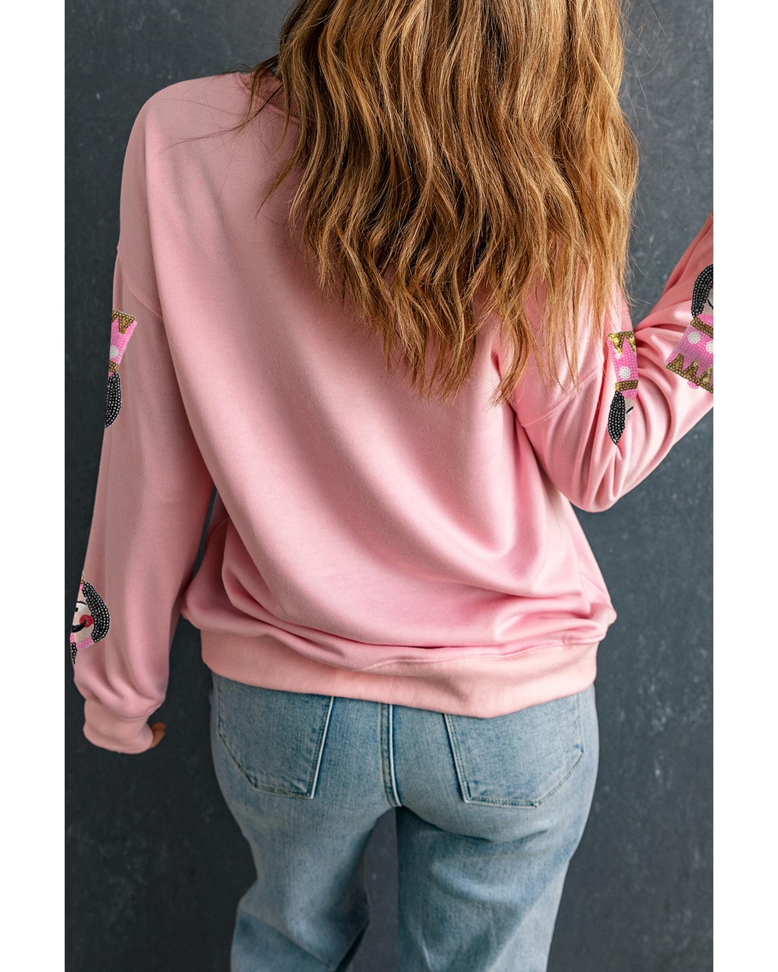 Pink Sequin Nutcracker Graphic Drop Shoulder Christmas Sweatshirt - L 3