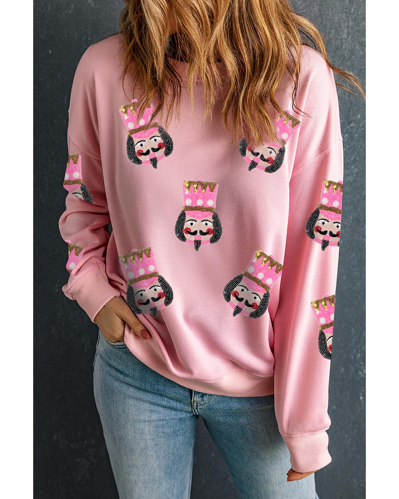 Pink Sequin Nutcracker Graphic Drop Shoulder Christmas Sweatshirt - XL 5