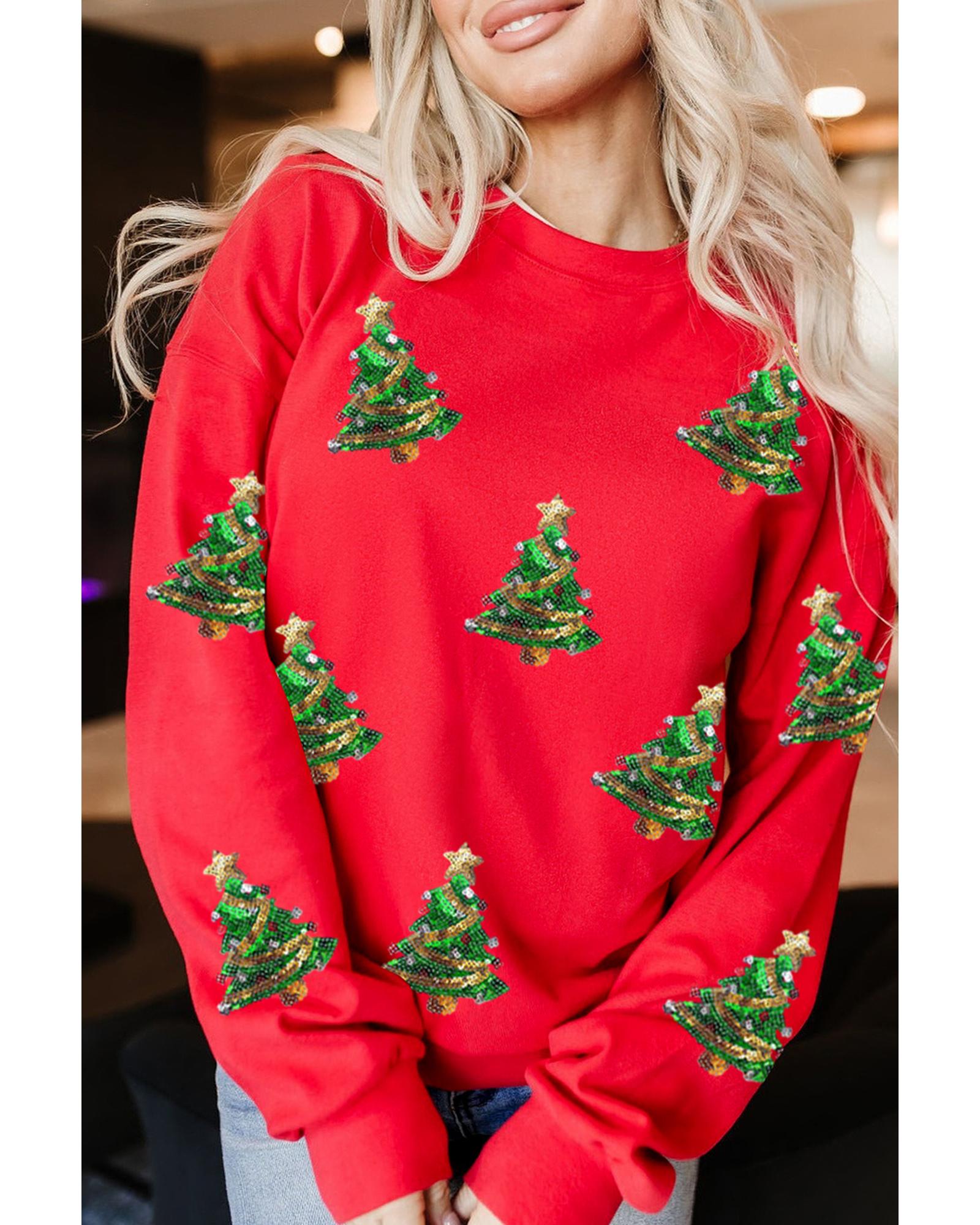 Red Sequin Christmas Tree Graphic Drop Shoulder Sweatshirt - 2XL 8