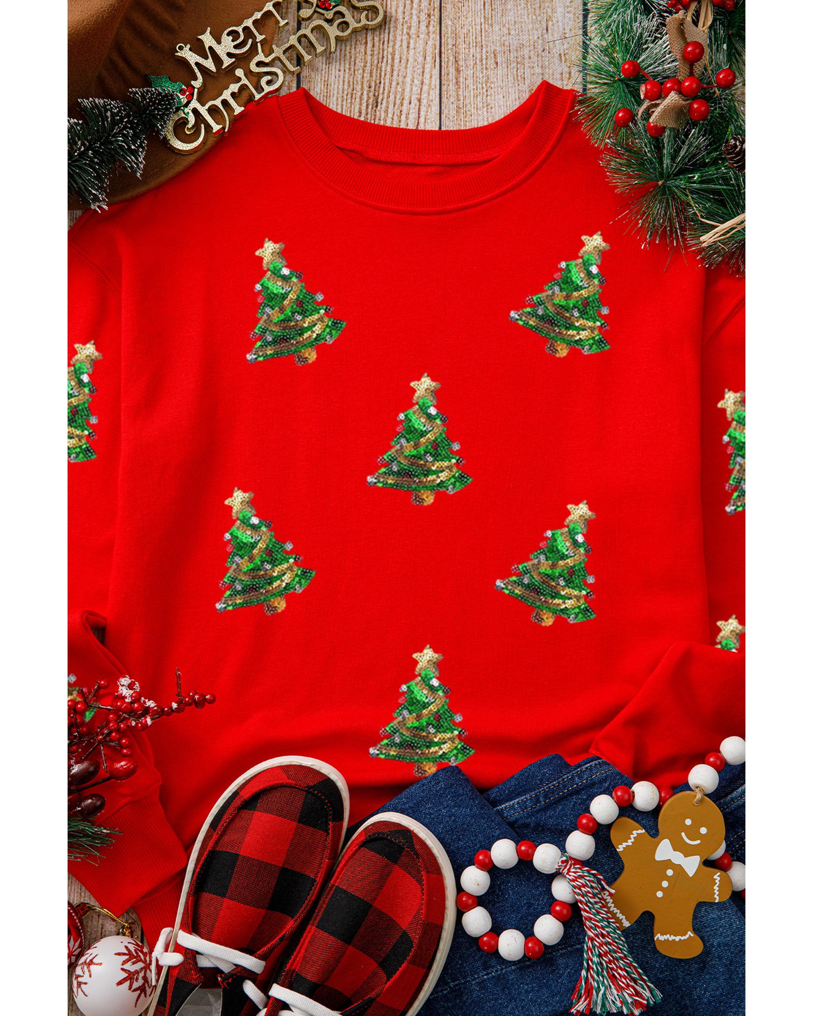 Red Sequin Christmas Tree Graphic Drop Shoulder Sweatshirt - L