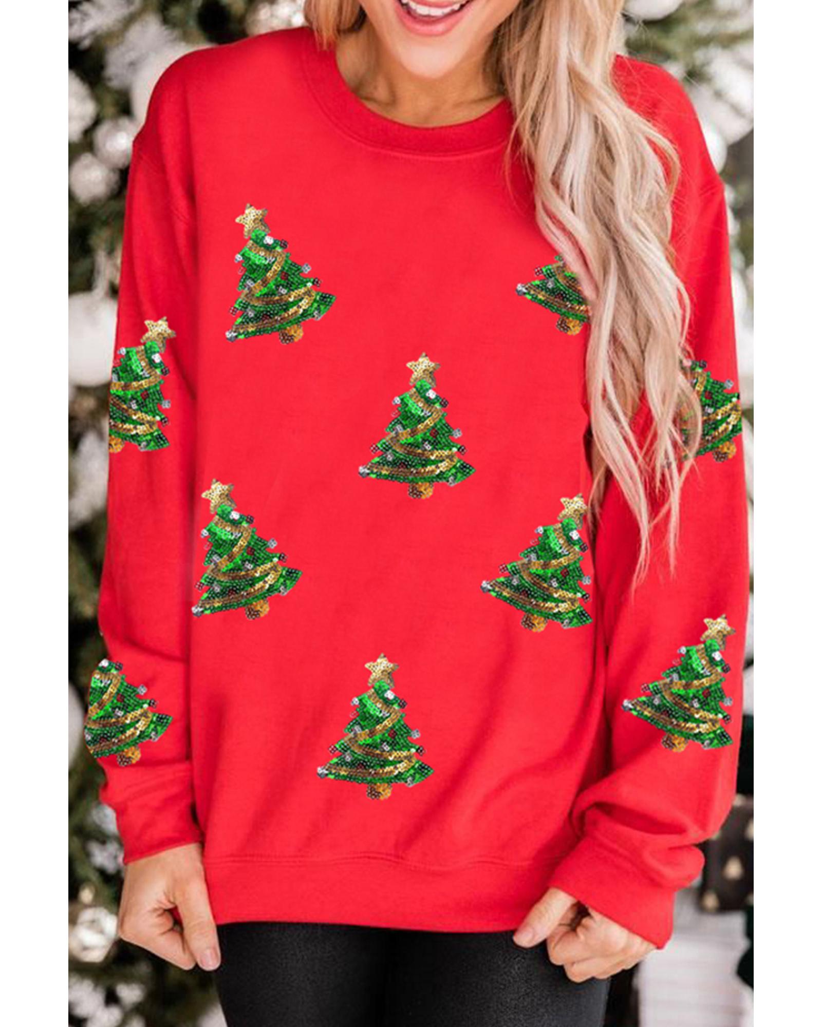 Red Sequin Christmas Tree Graphic Drop Shoulder Sweatshirt - M