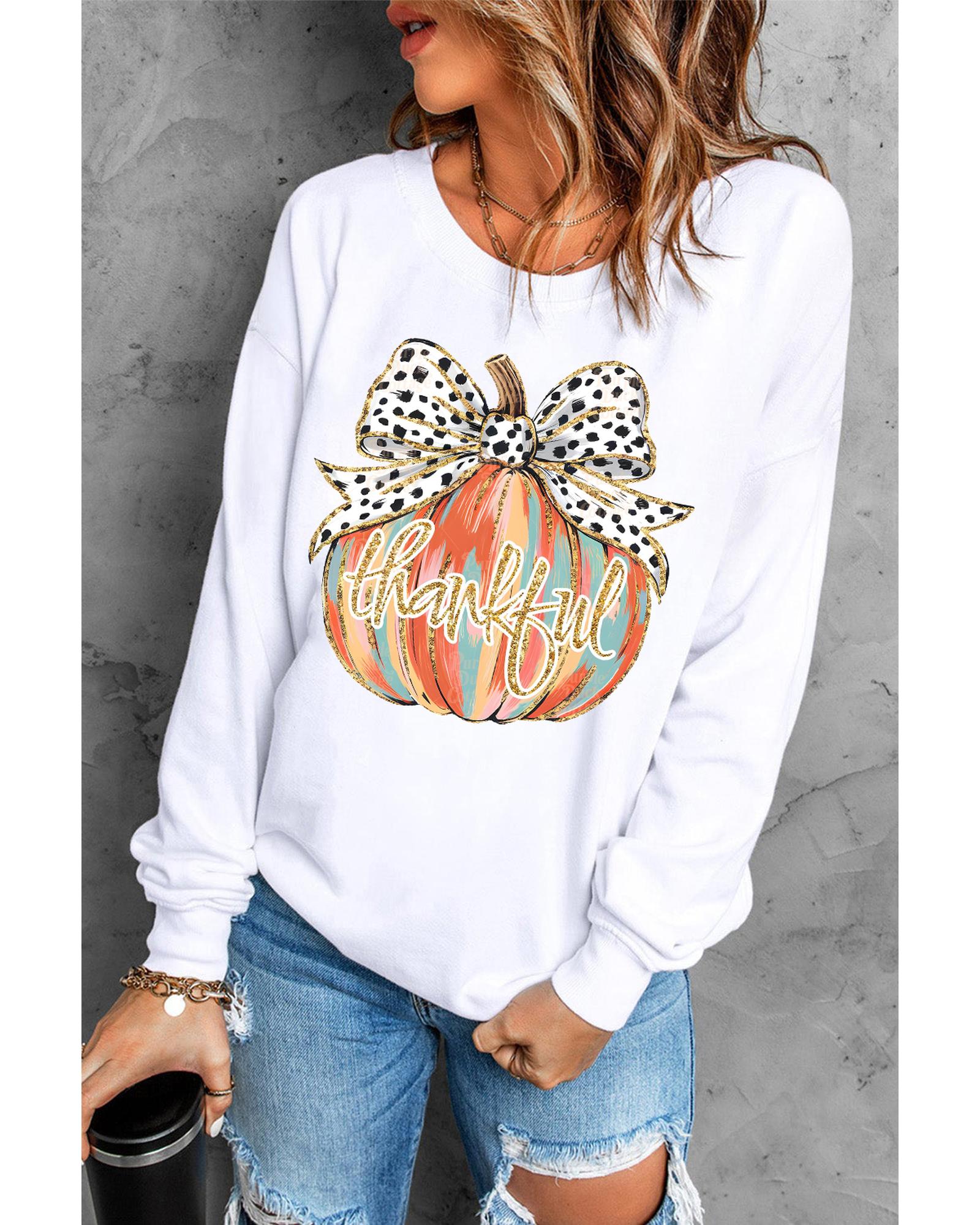 Beige Polka Dot Bow Knot Pumpkin Print Thanksgiving Sweatshirt - L