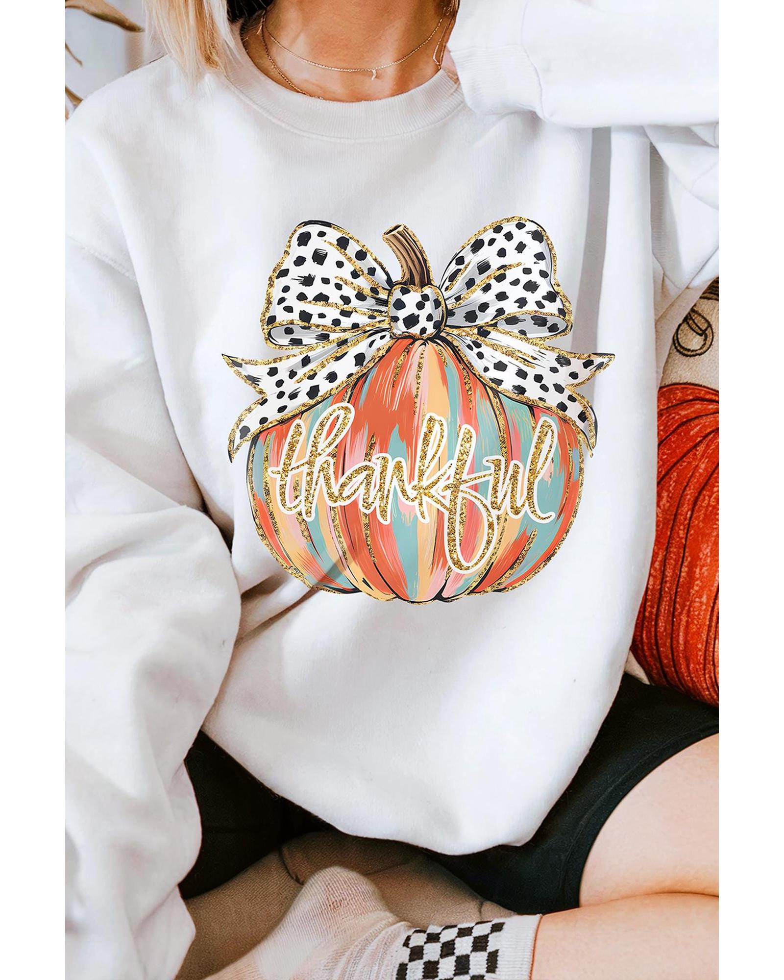 Beige Polka Dot Bow Knot Pumpkin Print Thanksgiving Sweatshirt - L 6