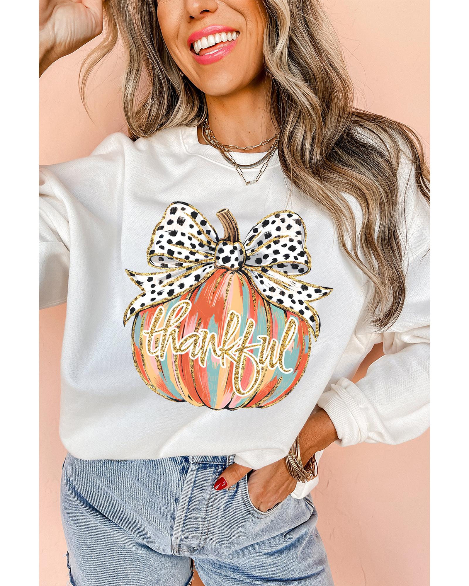 Beige Polka Dot Bow Knot Pumpkin Print Thanksgiving Sweatshirt - M