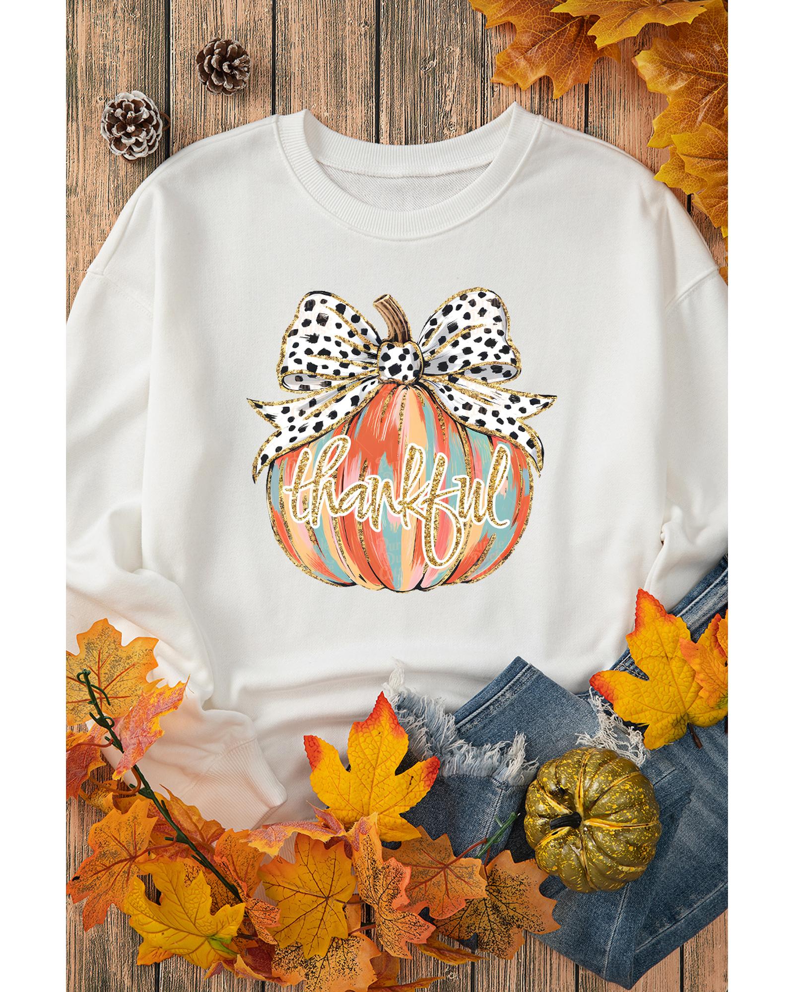 Beige Polka Dot Bow Knot Pumpkin Print Thanksgiving Sweatshirt - XL 5