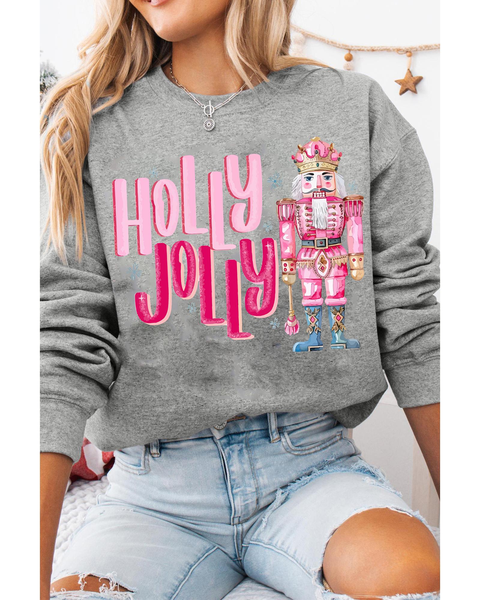 Gray HOLLY JOLLY Nutcracker Print Crew Neck Christmas Sweatshirt - S 3