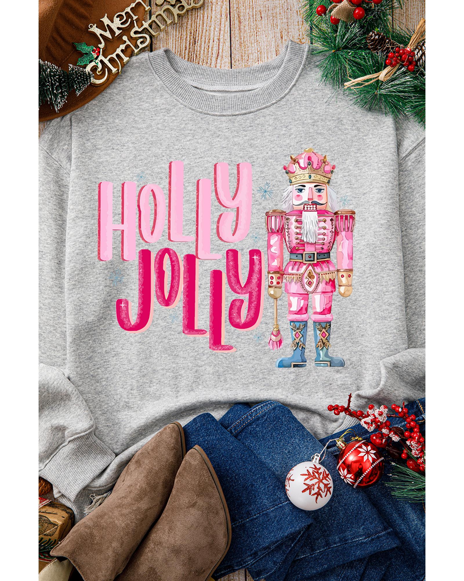 Gray HOLLY JOLLY Nutcracker Print Crew Neck Christmas Sweatshirt - S 4