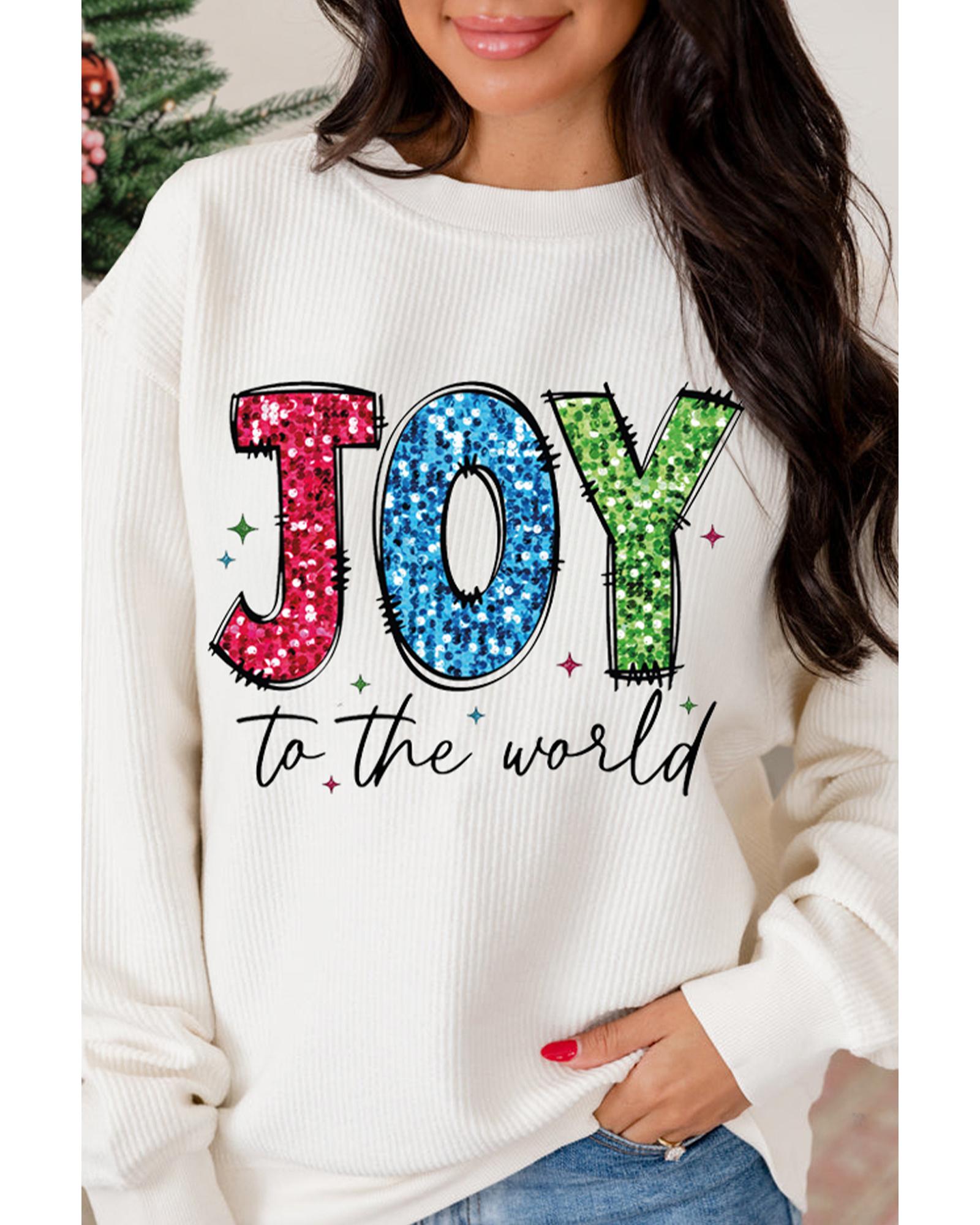 White JOY to the world Ribbed Crewneck Pullover Sweatshirt - L 7