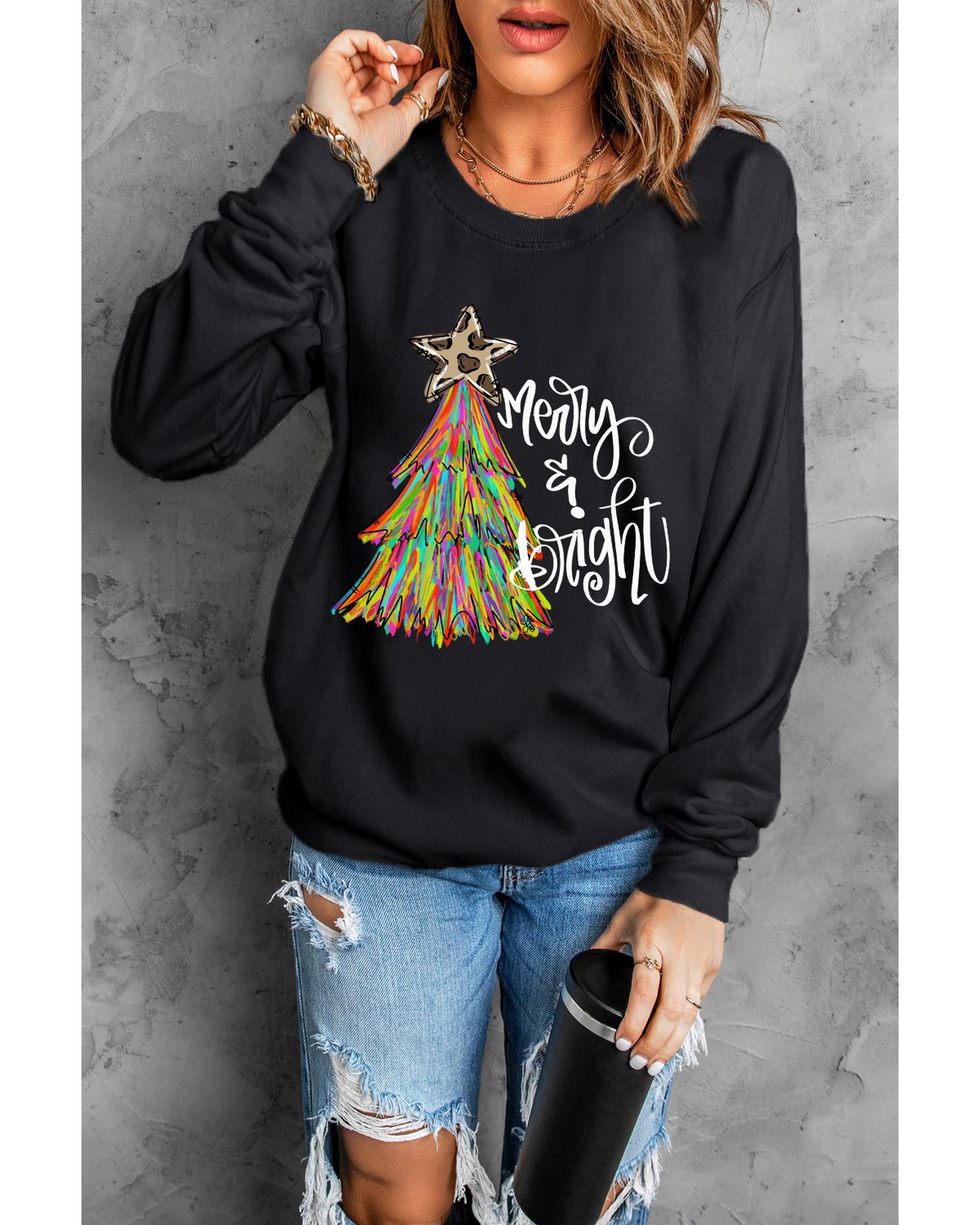 Black Merry & Bright Christmas Tree Graphic Sweatshirt - L 4