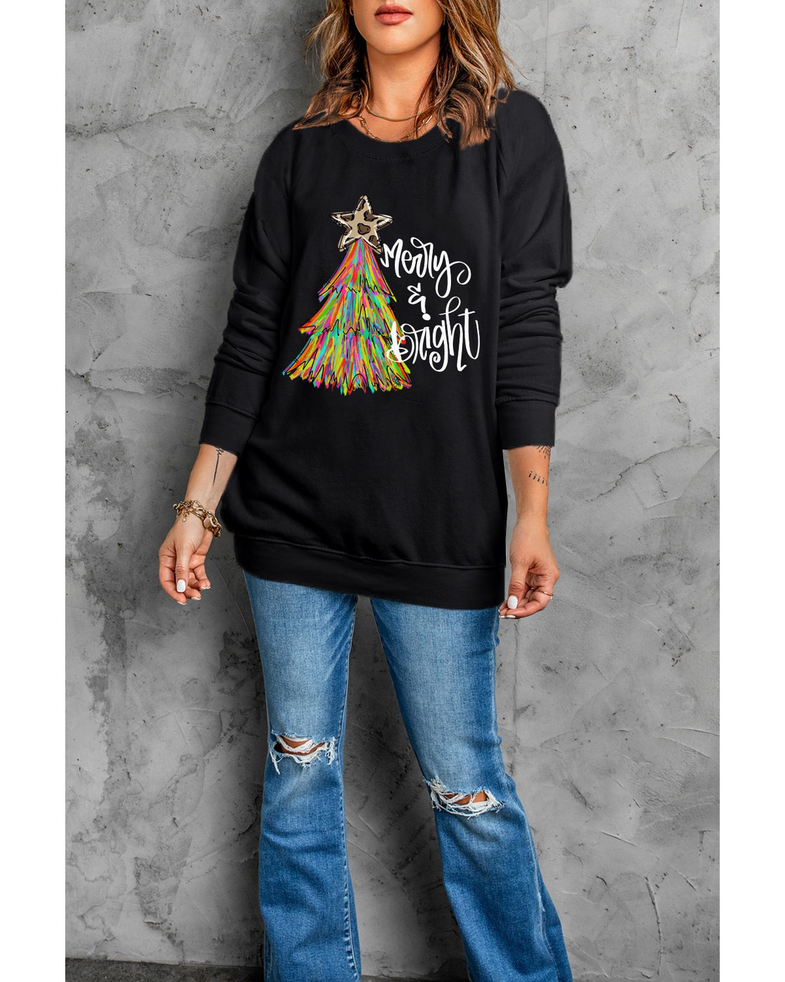 Black Merry & Bright Christmas Tree Graphic Sweatshirt - M 5