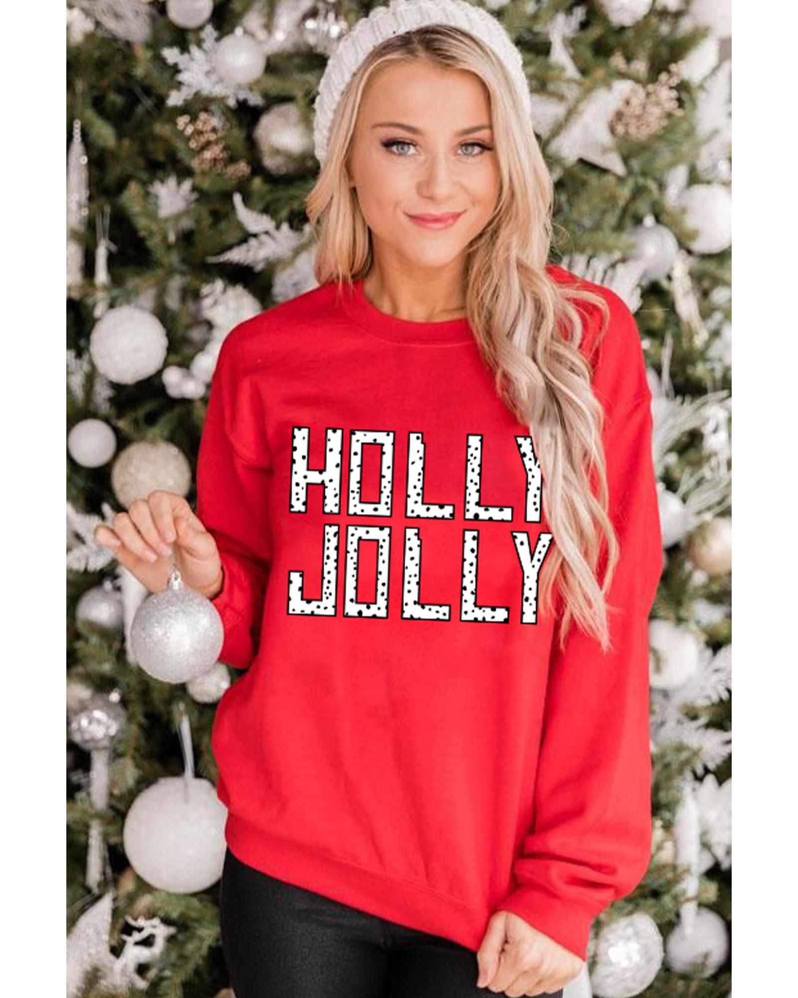 Red HOLLY JOLLY Dotty Letter Graphic Christmas Sweatshirt - 2XL 5