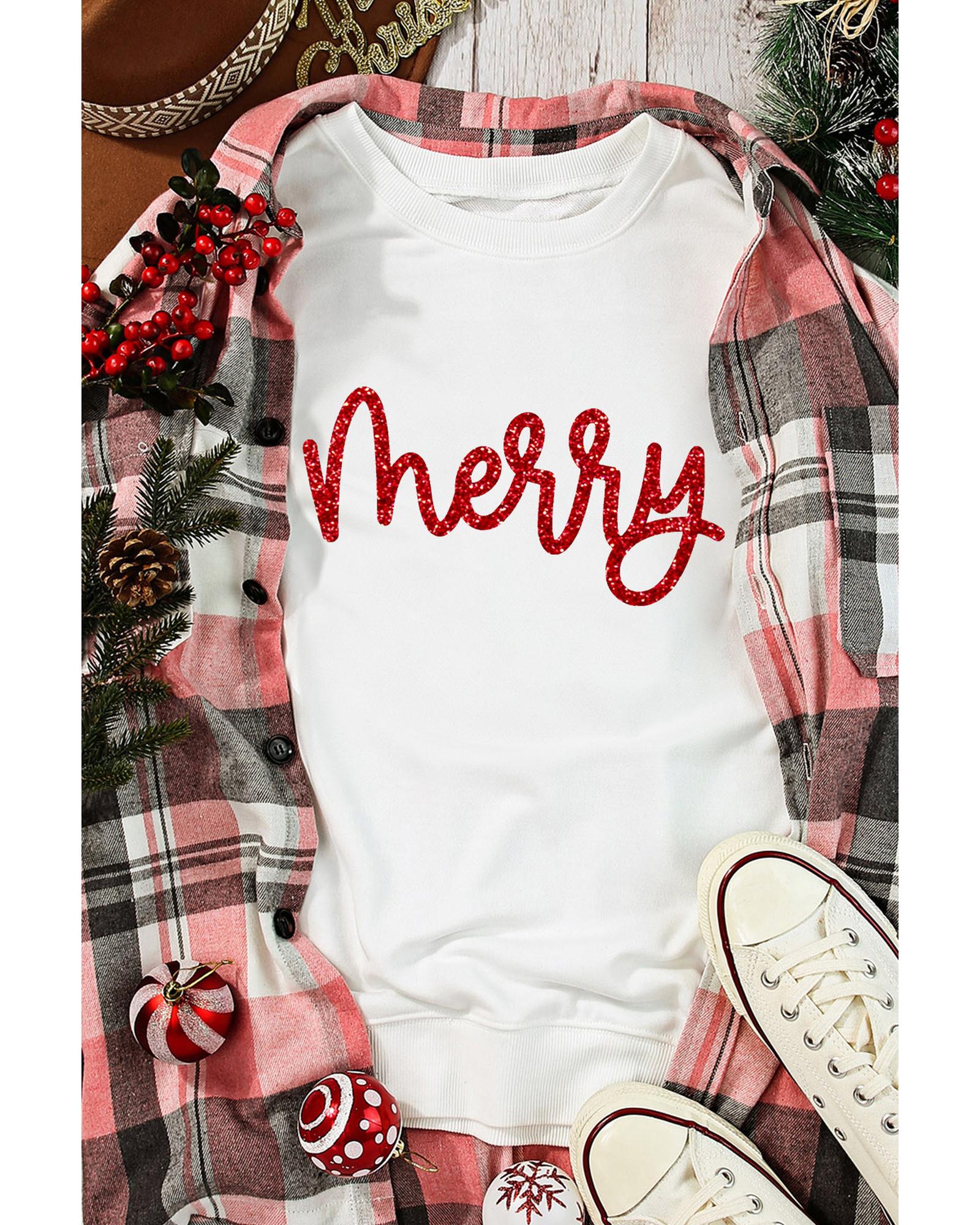 Beige Merry Graphic Christmas Crew Neck Sweatshirt - S 5