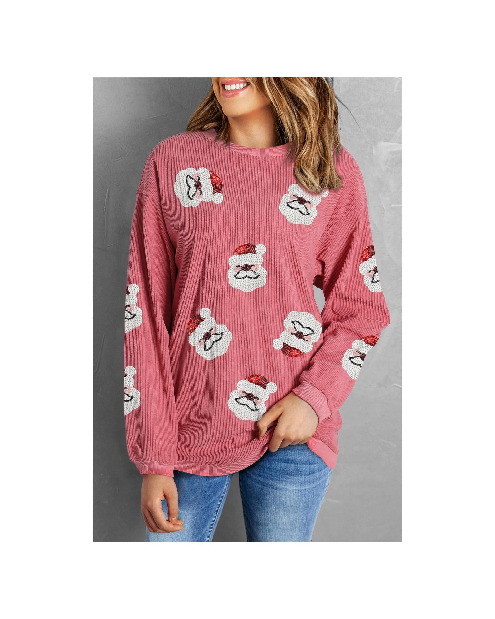 Strawberry Pink Sequin Santa Clause Christmas Corded Sweatshirt - S 4