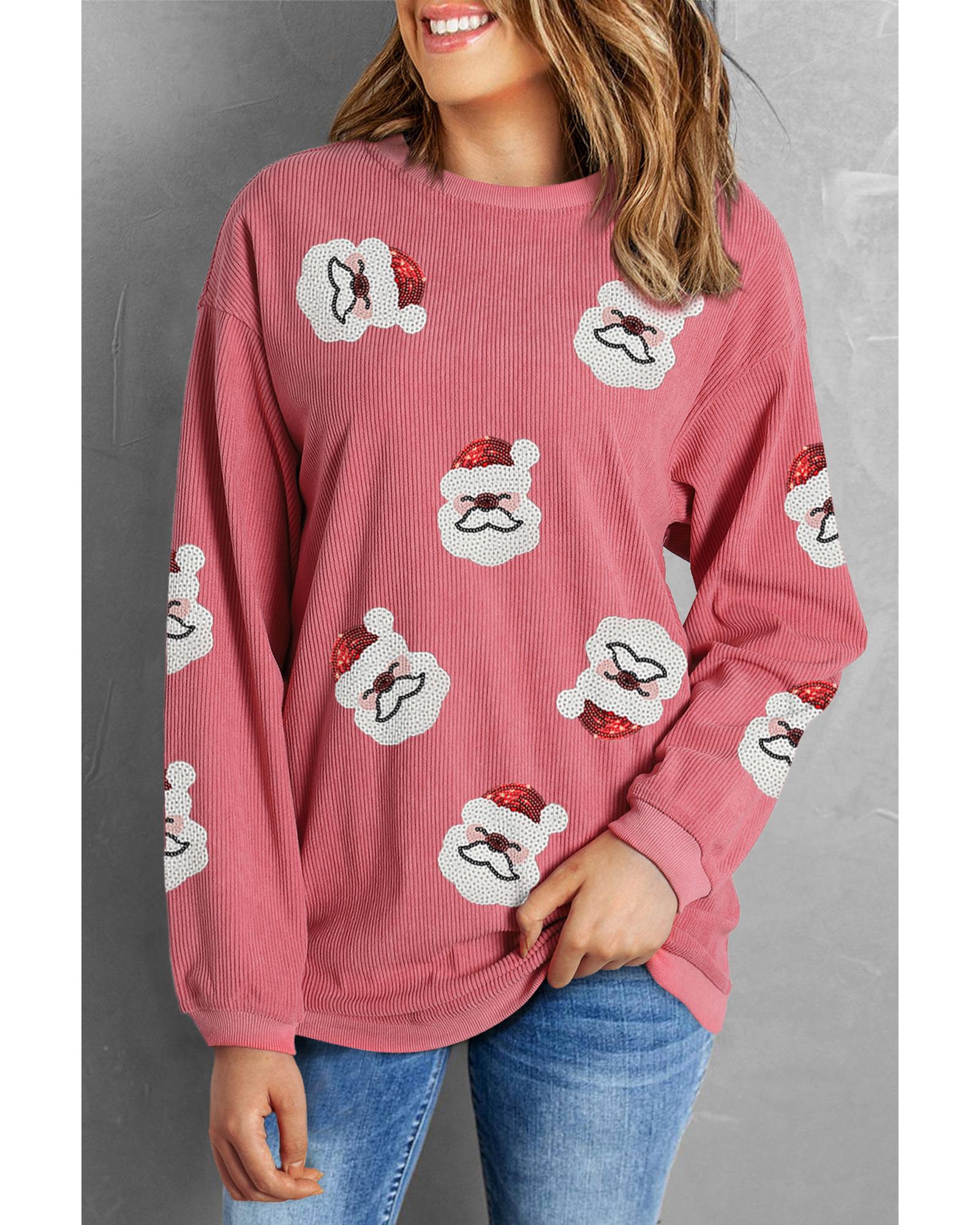 Strawberry Pink Sequin Santa Clause Christmas Corded Sweatshirt - XL 4