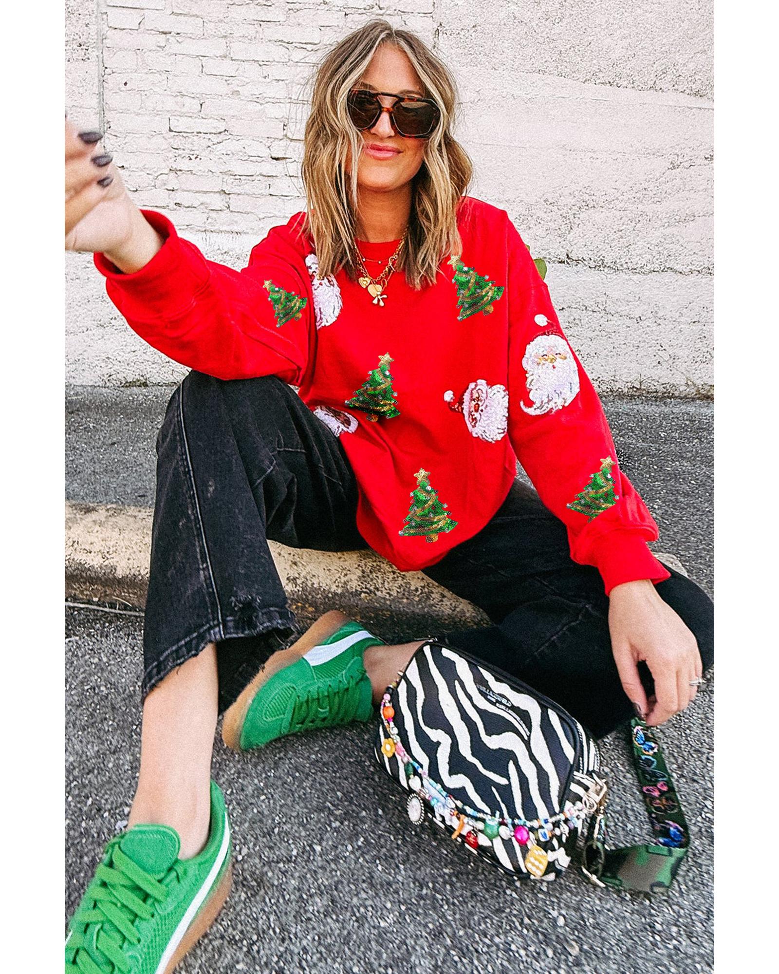 Red Santa Claus Christmas Tree Patched Pattern Drop Shoulder Sweatshirt - M