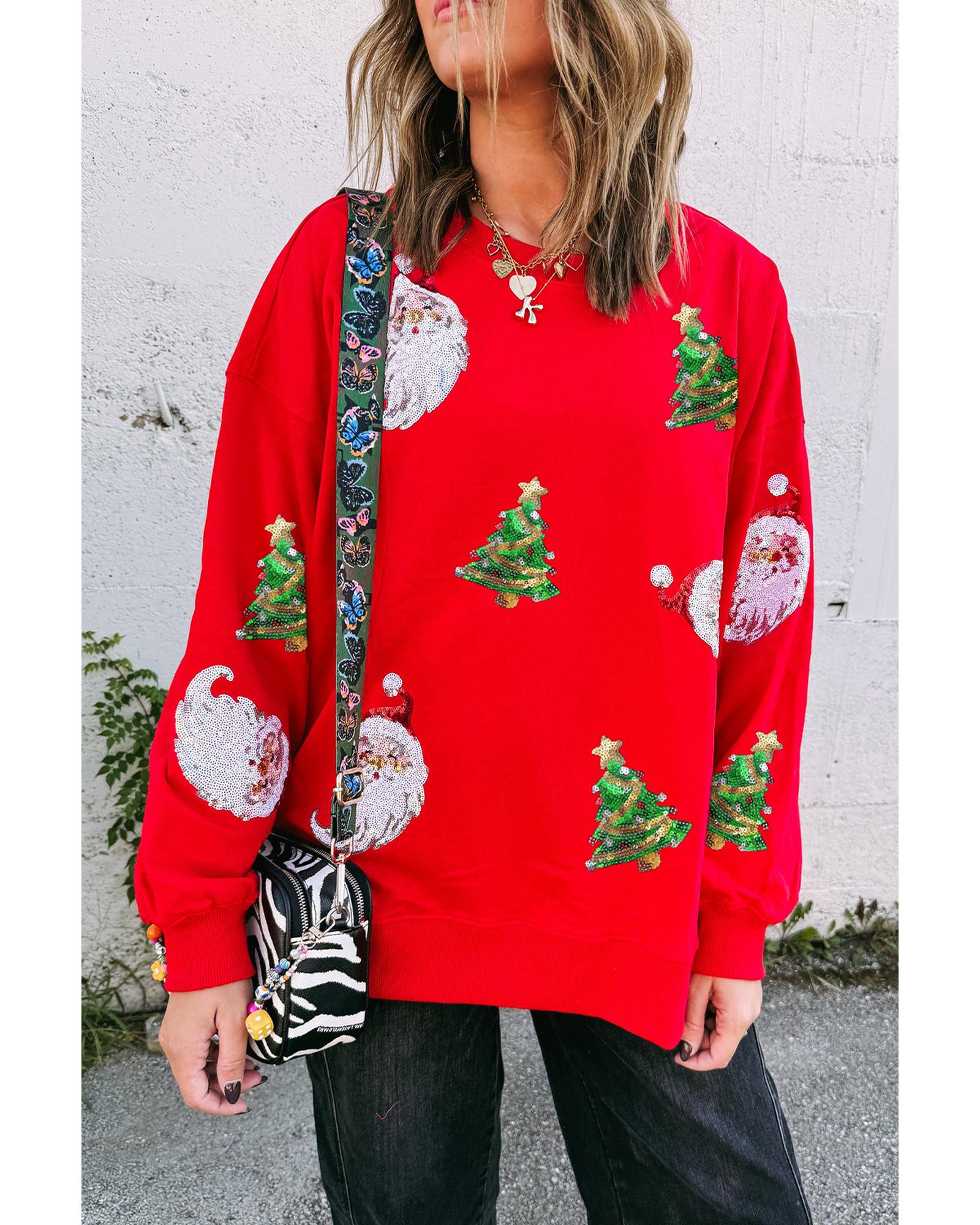 Red Santa Claus Christmas Tree Patched Pattern Drop Shoulder Sweatshirt - M