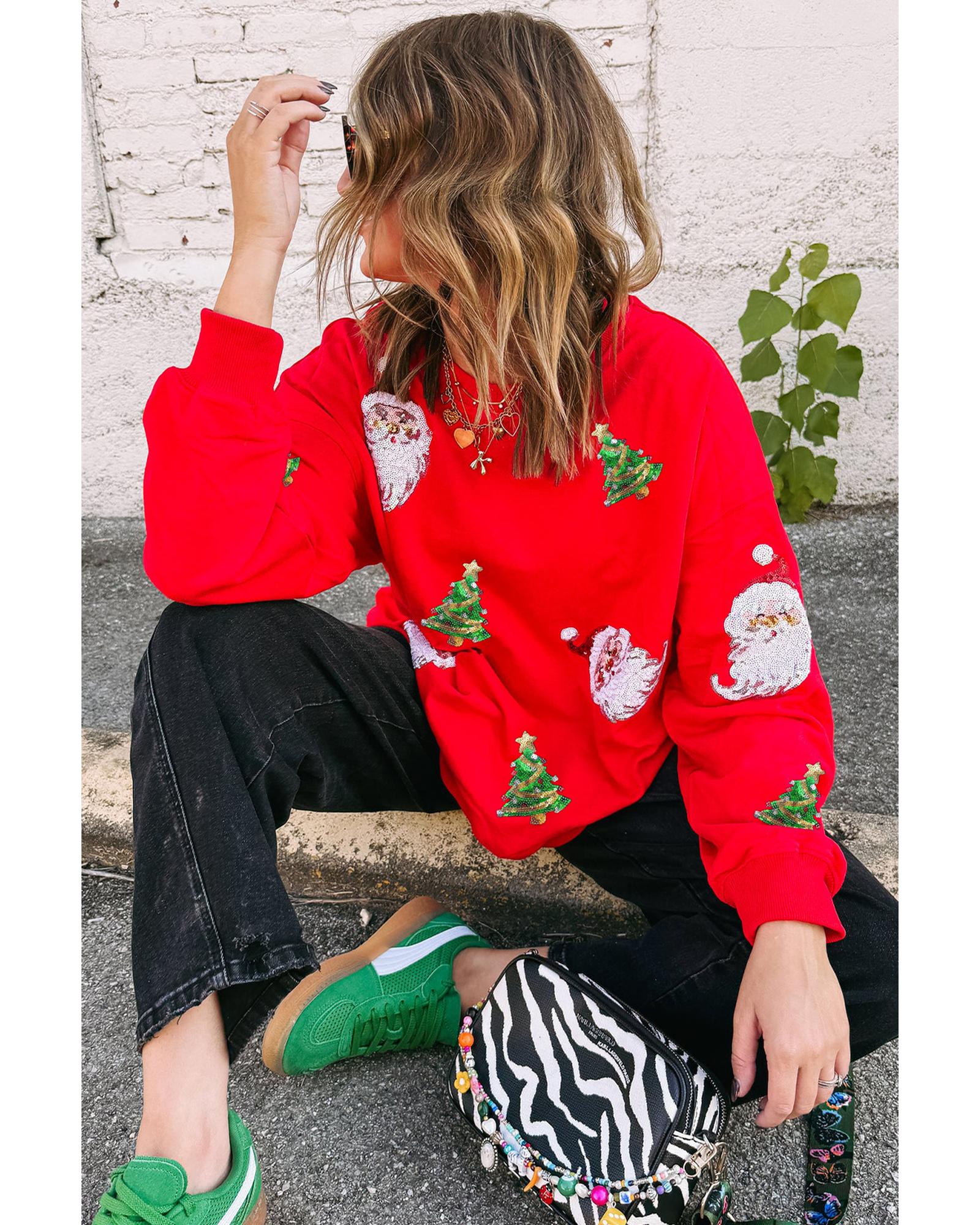 Red Santa Claus Christmas Tree Patched Pattern Drop Shoulder Sweatshirt - M 3