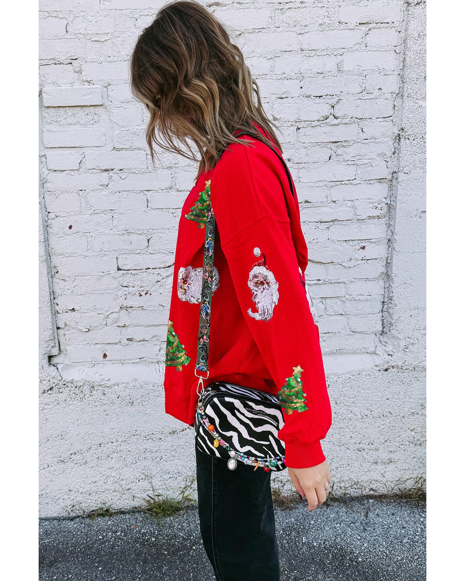 Red Santa Claus Christmas Tree Patched Pattern Drop Shoulder Sweatshirt - S 5