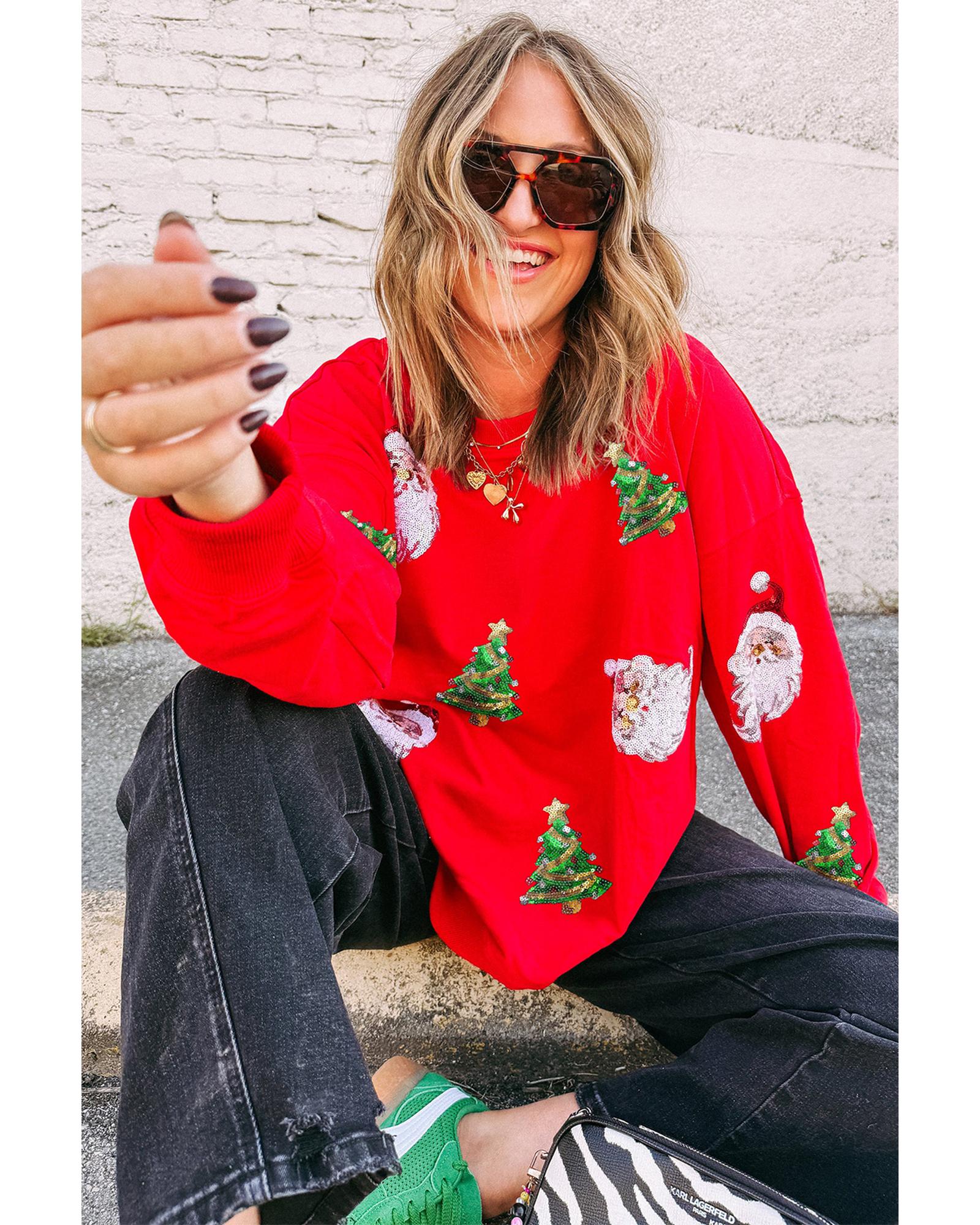 Red Santa Claus Christmas Tree Patched Pattern Drop Shoulder Sweatshirt - S 6