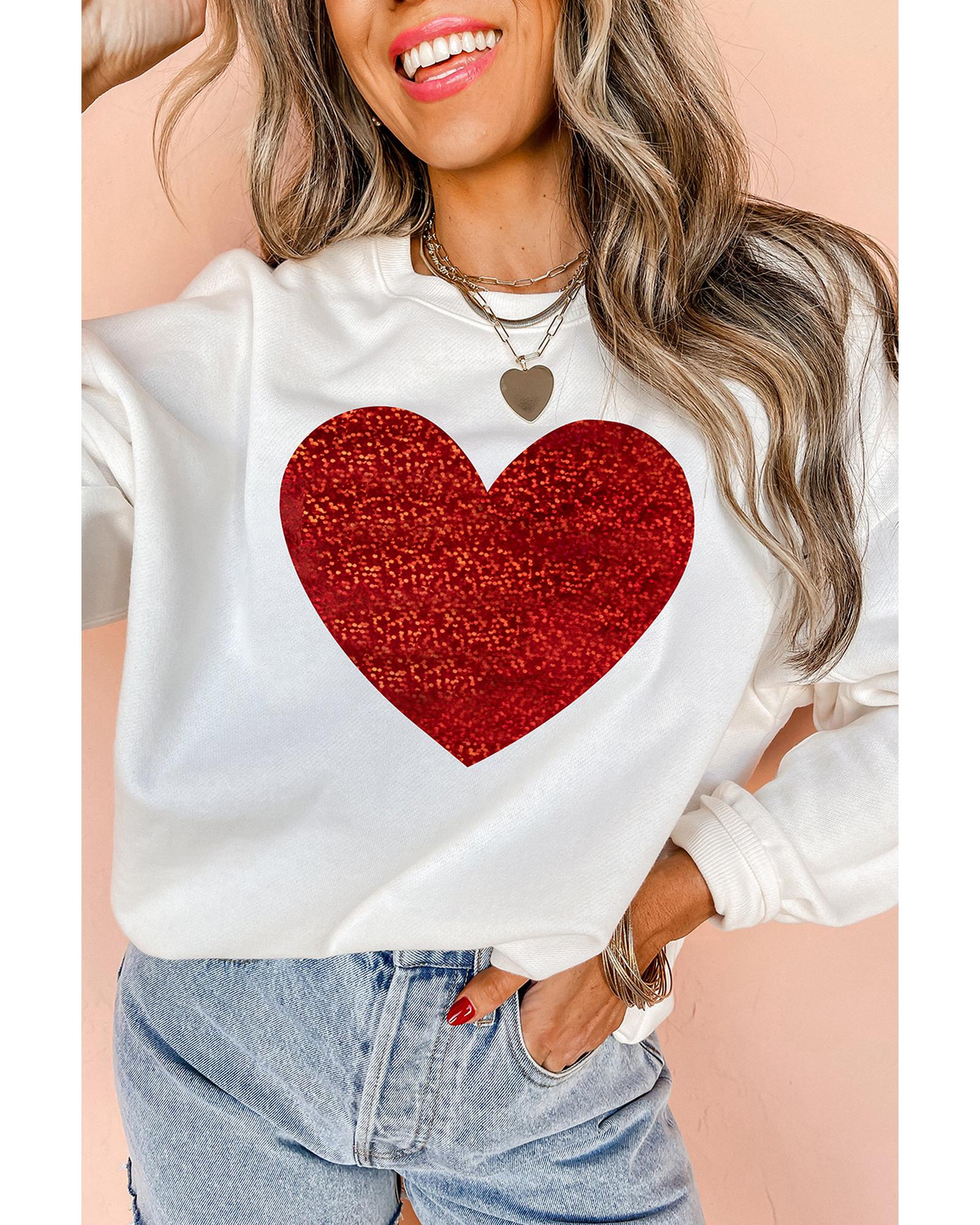 Beige Glitter Valentine Heart Shape Graphic Sweatshirt - L
