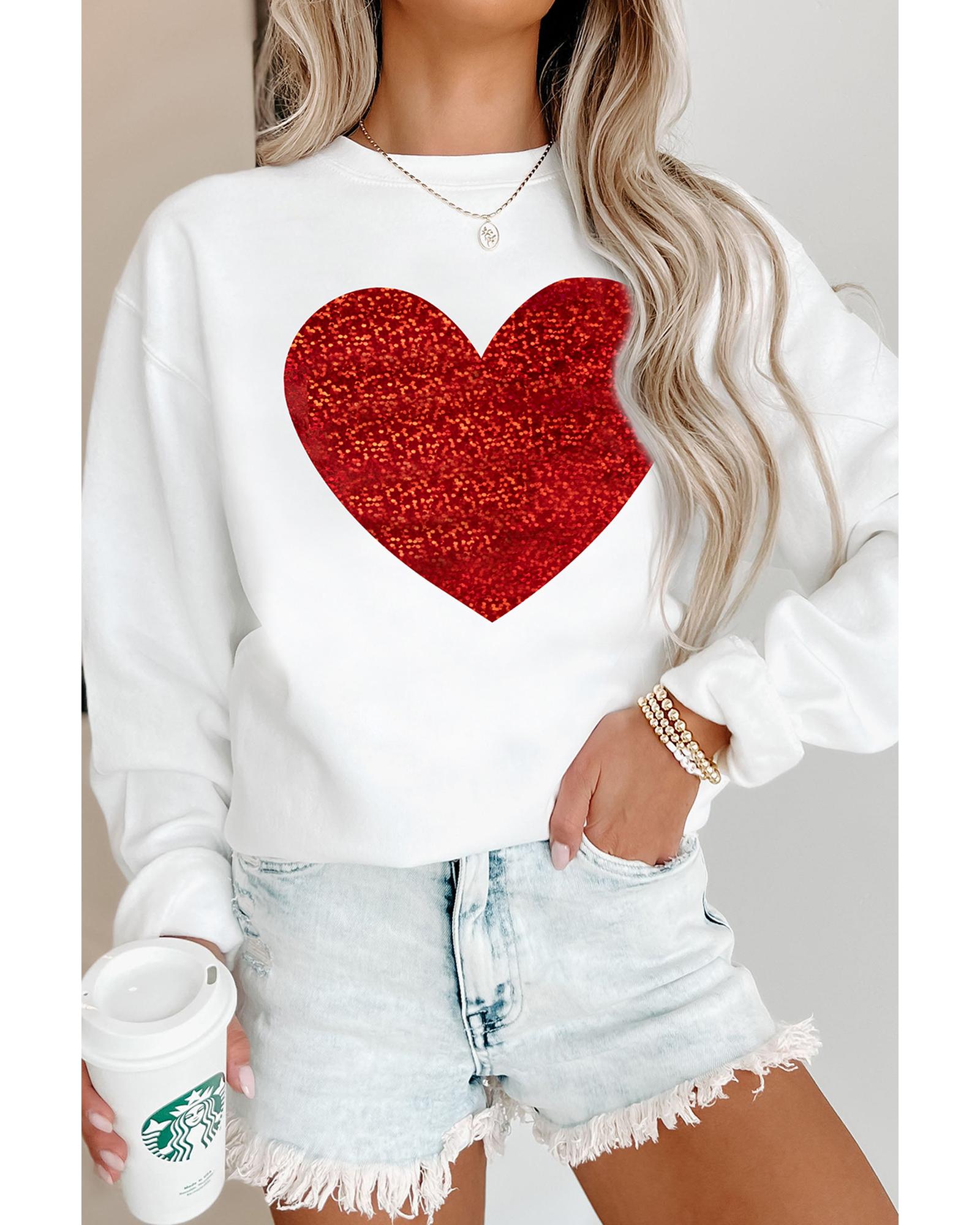 Beige Glitter Valentine Heart Shape Graphic Sweatshirt - S