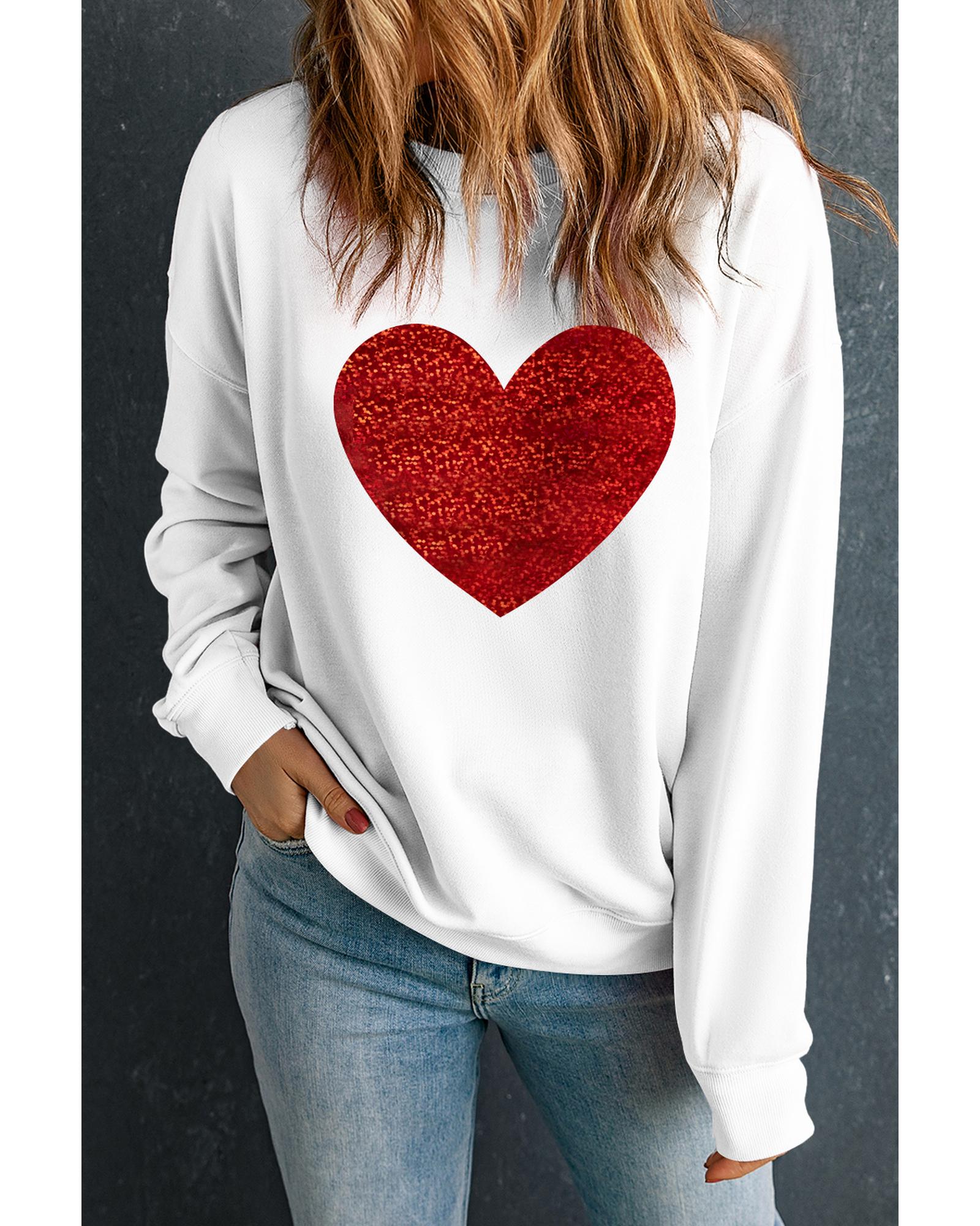 Beige Glitter Valentine Heart Shape Graphic Sweatshirt - S