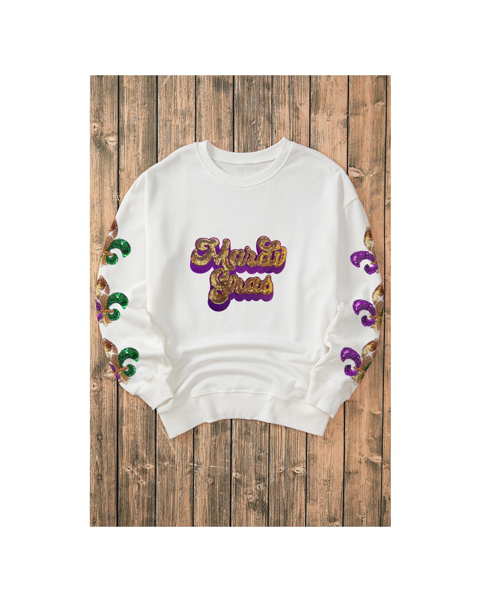 Beige Sequin Mardi Gras Patched Pattern Fleur de Lis Sleeve Sweatshirt - M 4