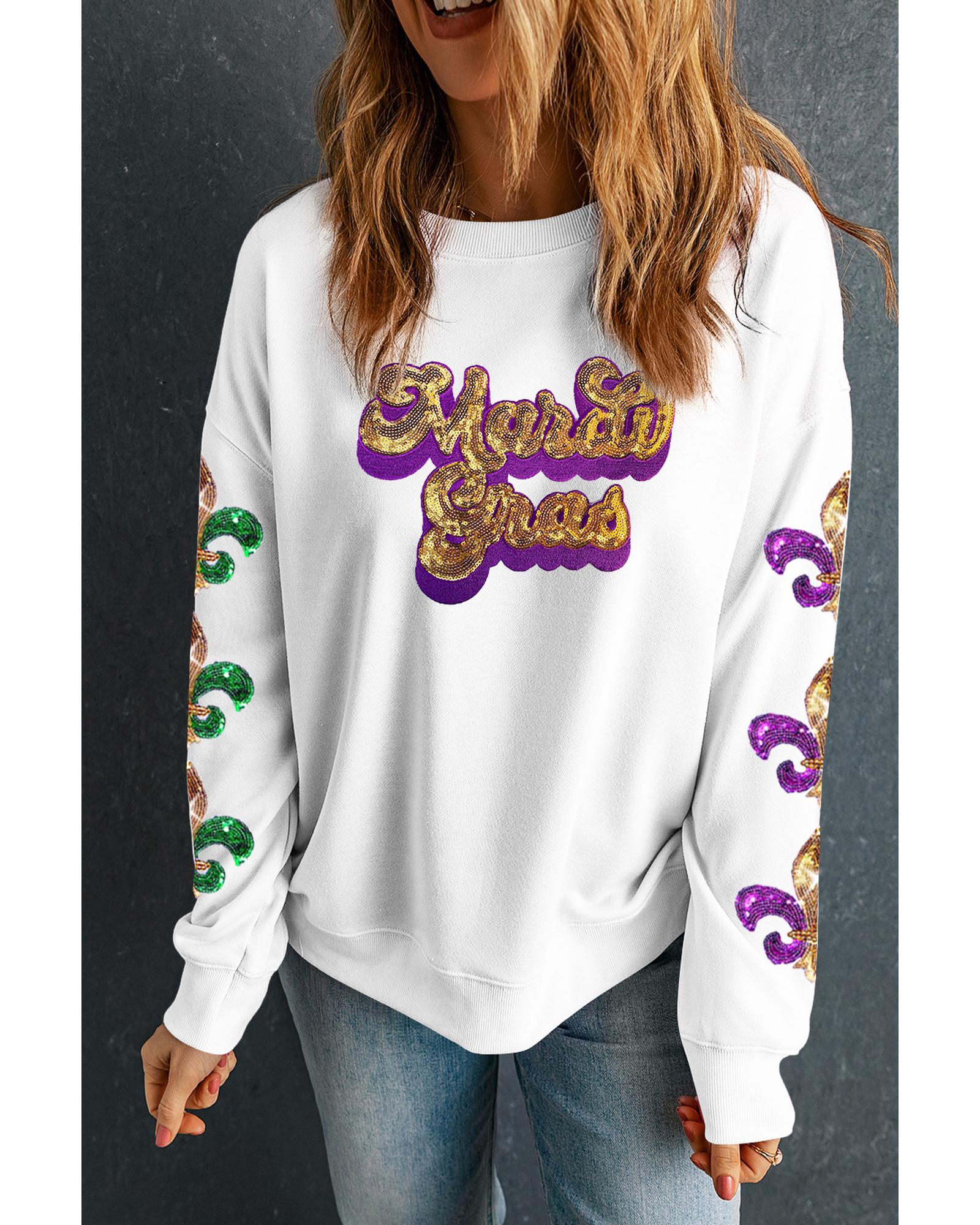 Beige Sequin Mardi Gras Patched Pattern Fleur de Lis Sleeve Sweatshirt - XL