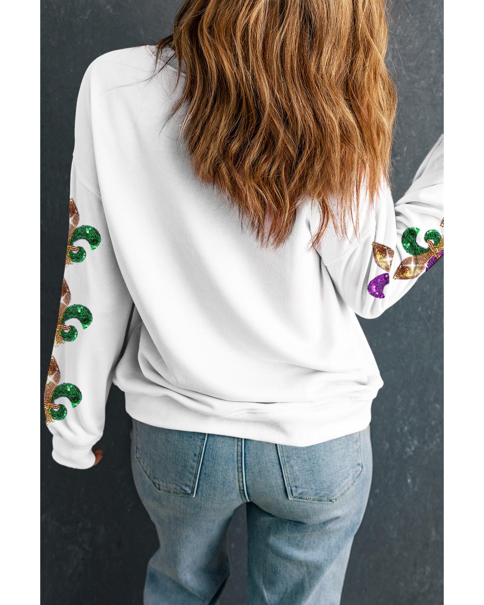 Beige Sequin Mardi Gras Patched Pattern Fleur de Lis Sleeve Sweatshirt - XL 3