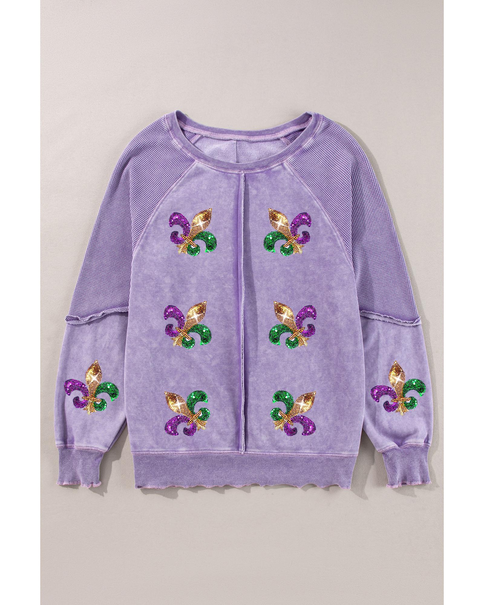 Orchid Petal Mardi Gras Patched Pattern Waffle Patchwork Sweatshirt - M 4