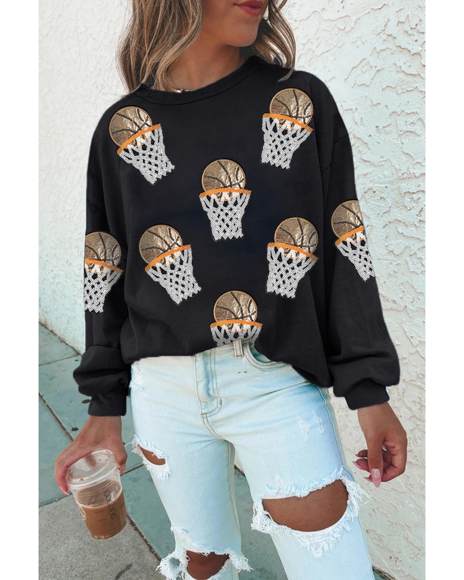 Black Basketball Patched Game Day Crew Neck Graphic Sweatshirt - L