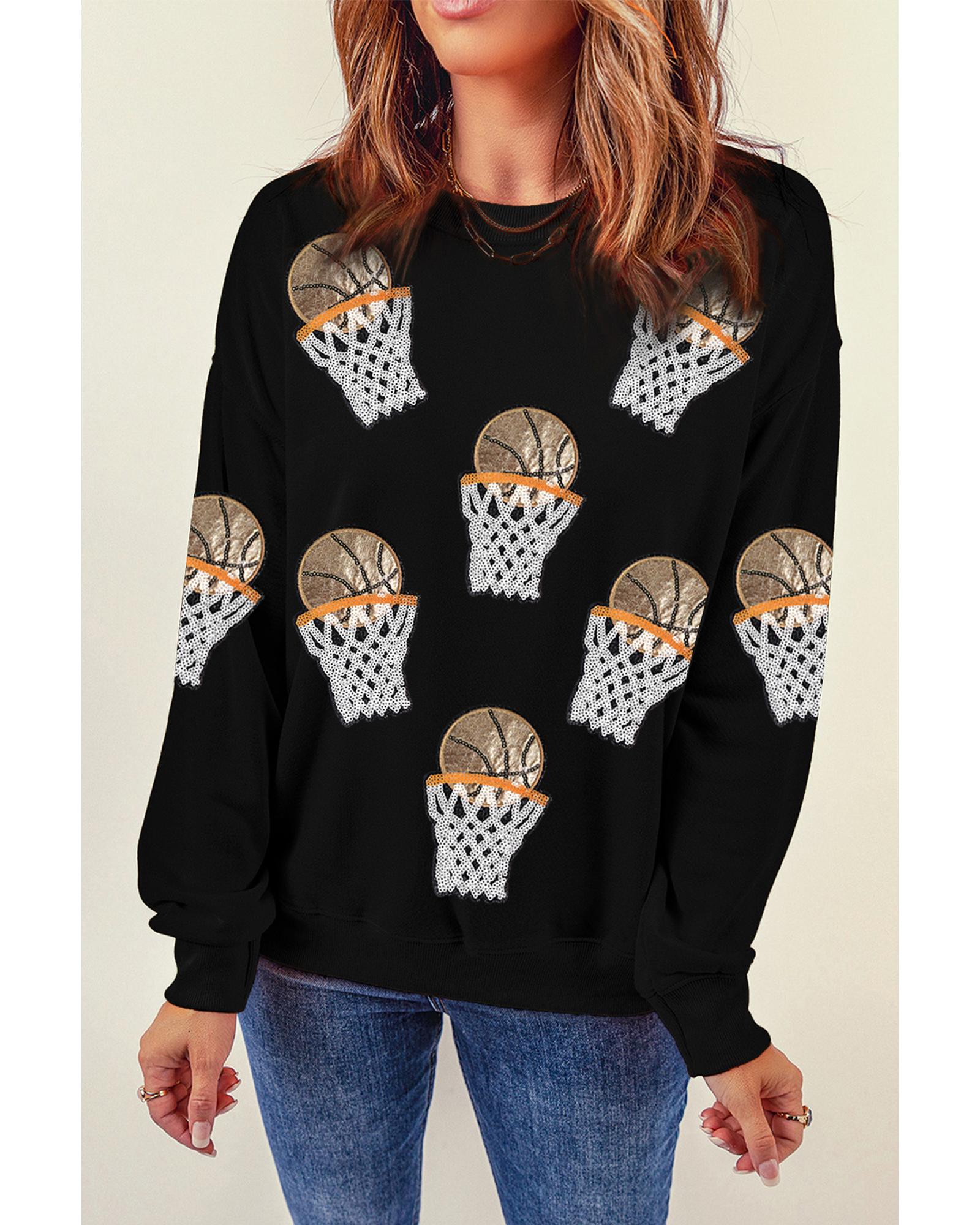 Black Basketball Patched Game Day Crew Neck Graphic Sweatshirt - S 4