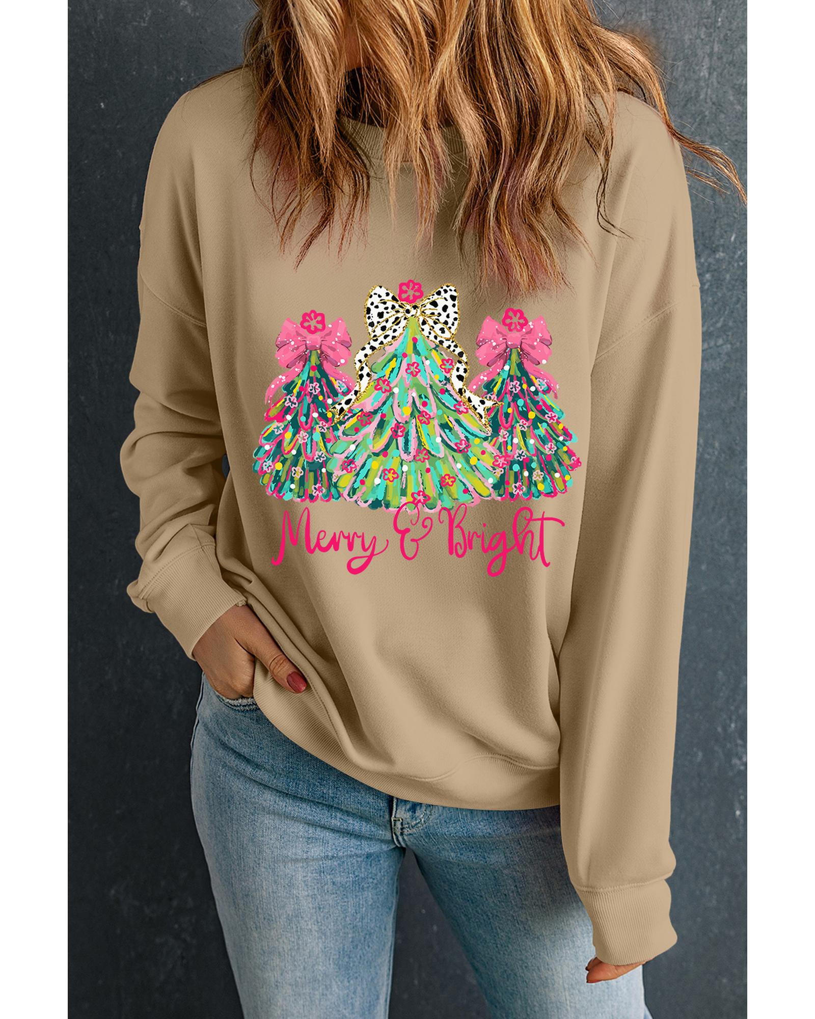 Khaki Merry & Bright Christmas Tree Print Pullover Sweatshirt - 2XL 5